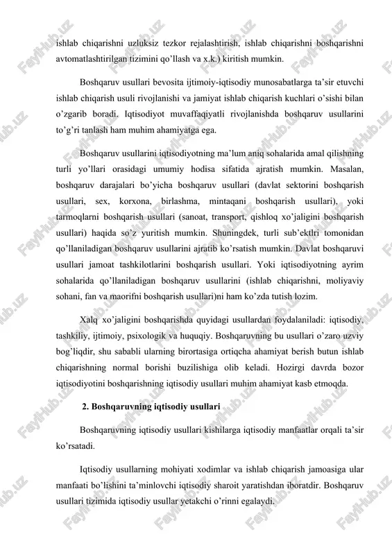 ng iqtisodiy usullari boshqaruvning iqtisodiy usullari kishilarga iqtisodiy manfaatlar orqali ta’sir ko’rsatadi. iqtisodiy usullarning mohiyati xodimlar va ishlab chiqarish jamoasiga ular manfaati bo’lishini ta’minlovchi iqtisodiy sharoit yaratishdan iboratdir. boshqaruv usullari tizimida iqtisodiy usullar yetakchi o’rinni egalaydi. iqtisodiy usullar iqtisodiy ta’sir vositalari yig’indisidan (narx, kredit, biznes-reja, foyda, soliqlar, ish haqi, iqtisodiy rag’batlantirish va hokazo), ya’ni xo’jalik faoliyatiga ta’sir etishning har bir jamoa mos xo’jalik bo’g’ini bilan uzviy aloqada amal qilishini ta’minlovchi tadbirlaridan iboratdir. shunday qilib, boshqaruvning iqtisodiy usullari juda keng imkoniyatlarga ega bo’lib, ular mohirona va o’z vaqtida tashkiliy-farmoyish, ijtimoiy-psixologik va huquqiy usullar bilan qo’shib olib borilgan taqdirda yaxshi natijalarga erishish mumkin. korxonalar, aksioner jamiyatlari, firmalarda muhim boshqaruv usullaridan biri - biznes-rejalardir. u iqtisodiy jarayonlarni umummilliy manfaatlarni ko’zlab, xo’jalik amaliyotida ob’ektiv iqtisodiy qonunlardan foydalanish asosida, ongli ravishda, bir maqsadga intilgan holda boshqarishning o’zaro uzviy bog’liq tizimidan iboratdir. biznes-reja vositasida hal etiladigan asosiy vazifalar quyidagilardan iborat: iqtisodiyot rivojlanishi yo’nalishlari va maqsadlarni amalga …