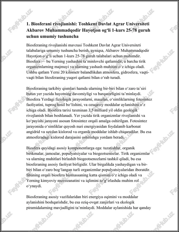 o‘jaligida ekstensiv rivojlanishni kamaytirishga qaratilgan ko‘p sonli ilmiy izlanishlarni amalga oshiradi. - agrar sohani yanada rivojlantirish uchun universitet xalqaro tashkilotlar bilan 20 dan ziyod hamkorlik bitimlarini imzolagan. 4. **ilmiy loyihalar:** - universitetda 2023-yilda amalga oshirilgan "qishloq xo‘jaligidagi innovatsiyalar" loyihasi doirasida paxta va bug‘doy hosilini oshirishda yangi genetik usullar joriy qilindi. - 2022-yilda universitetda tashkil etilgan maxsus laboratoriya biosferani muhofaza qilish masalalari bilan bog‘liq ilmiy izlanishlarning ko‘lamini kengaytirishga imkon berdi. 5. **tahlillar va prognozlar:** - o‘zbekistonda yerning zahiralanishi va iqlim o‘zgarishi oqibatida 2030-yilga qadar hosildorlikning 15% kamayishi mumkin. bunga qarshi choralar sifatida universitetning ilmiy tadqiqotlari va tavsiyanomalari muhim ahamiyatga ega. - 2025-yilgacha qishloq xo‘jaligida raqamli texnologiyalarni joriy etish orqali samaradorlikni oshirish rejalashtirilmoqda. misol uchun, satellit tasvirlari va dronlar orqali yer pozitsiyalarini nazorat qilish amaliyoti kiritilmoqda. yuqorida keltirilgan ma'lumotlar toshkent davlat agrar universitetining biosfera va qishloq xo‘jaligini samarali va barqaror rivojlantirishdagi roli va yondoshuvini tushunishga yordam beradi. bu bilimlar mamlakat qishloq xo‘jaligida …