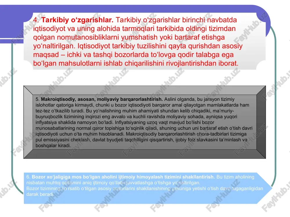 rkin raqobatga asoslangan klassik yoki erkin bozor iqtisodiyotiga va undan hozirgi zamon bozor iqtisodiyotiga o’tiladi. jahon tajribasi ko’rsatishicha, bozor iqtisodiyotiga revolyutsion yo’l bilan, ya’ni jadal usulda yoki evolyutsion yo’l bilan, ya’ni bosqichma-bosqich o’tish mumkin. birinchi xolda, tub islohotlarni o’tkazish, avvalgi tizimni va tarkib topgan iqtisodiy munosabatlarni birdagina va batamom sindirish talab etilio, «karaxt qilib davolash» usuli («shokovaya terapiya») deb ataladi. eski iqtisodiy munosabatlarni bosqichma-bosqich, yangi bozor munosabatlariga alishtira borib, samarali bozor iqtisodiyotini shakllantirib vujudga keltirish mumkin. islohotlar tajribasi shuni ko’rsatadiki, evolyutsion yo’l kamroq ijtimoiy larzalarga olib keladi, ancha izchil va muqarrardir. tartibga solinadigan bozor iqtisodiyotiga o’tish yo’llarigina emas, balki uning andozalari ham xilma-xildir. eng avvalo, ular shunday bozor iqtisodiyoti vujudga keltirilayotgan va amal qilib turgan mamlakatlarning oddiy xususiyatlari va an’analari bilan farq qiladi. shu boisdan bozor iqtisodiyotining ma’lum andozalari ularni amalga oshiruvchi muayyan mamlakatga mansubligiga qarab ajratiladi. masalan, germaniya, janubiy koreya, turkiya, argentina, polsha andozalari va hokazo. o’tish davrida bozor …