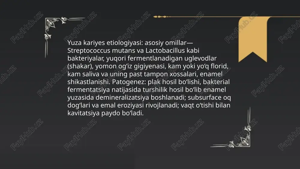 my/atim ofphkhm mabkyyyimruja. ofpuk tabcypothh onmw ousah hykonagu; **manb uerapacugaru, uykyp 6ysmmarah kapvec kabakk 6opmuruga, éku, thuiaphmhr yaiihob ro3amapuyzarn cbuccypamaphu nurmentayuacu 6ymn6, yhu 30hajlarahyja lomiarah ba jemuhepamu3atyuara yuparah 2majib ahmk/iahca; “ ** kapvec kabaru tyomhh gopmaluinha ousah yapxjlallija ofphkhh by kyfra kemuim (3masib-}ehthh yerapachhy akmhmurh cababmn). o'tkir yuza karies klinik belgilari og'riq o'tkir yuza karies og'rigning aniq belgisi bo'lib, u ovgat iste'mol qilish, issiq yoki sovuq taomlarga ta'sir qilish bilan kuchayishi mumkin. tishning sezgirilishi tishning sezgirilishi, ayniqsa, shirin yoki kislotali taomlar iste'mol qilinganda seziladi. tishning rang o'zgarishi o'tkir yuza kariesda tishning rangi o'zgarishi mumkin, oq yoki sariq rangga aylanishi mumkin. /docprops/thumbnail.jpeg