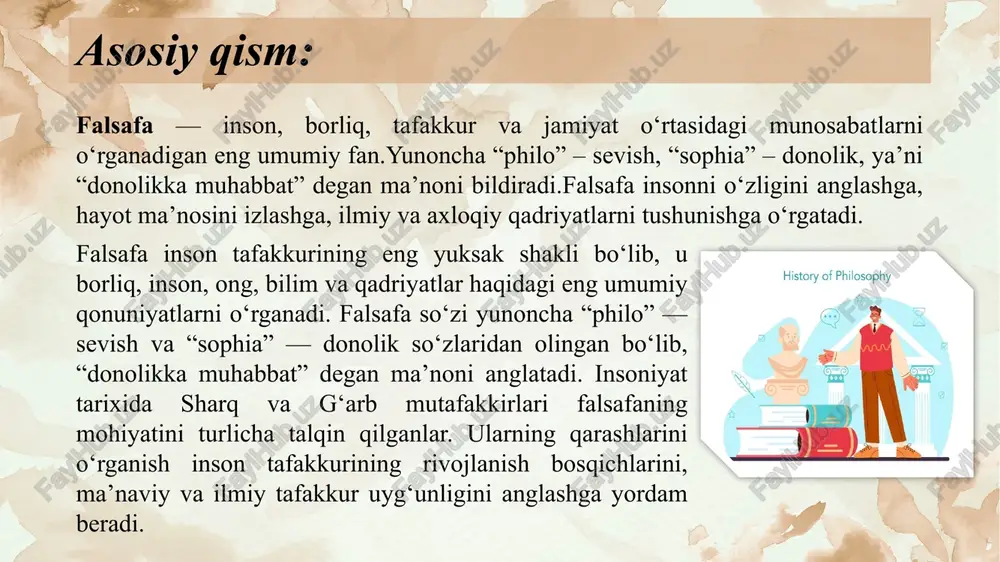 vrida (xiv–xv asrlar) tomas akvinskiy kabi faylasuflar tomonidan o‘rganilgan va unga “islom aristoteli” degan nom berilgan. xulosa ushbu mavzu orqali men falsafaning asl mohiyati, uning inson hayotidagi o‘rni va ahamiyatini chuqurroq anglab yetdim. falsafa nafaqat ilmiy bilimlar yig‘indisi, balki insonning o‘zini, tabiatni va jamiyatni tushunishga bo‘lgan intilishidir. sharq mutafakkirlari, xususan forobiy, ibn sino, beruniy va alisher navoiy falsafani insonni kamolotga yetkazuvchi yo‘l deb bilganlar. ularning fikricha, haqiqiy bilim — bu insonni axloqiy va ruhiy jihatdan komillikka olib boradigan kuchdir. g‘arb faylasuflari esa, masalan, platon, aristotel, dekart va kant falsafani aql, tafakkur va bilishning eng yuqori shakli sifatida izohlaganlar. ular uchun falsafa — bu haqiqatni topish va hayotning ma’nosini anglash vositasi bo‘lgan. sharq va g‘arb falsafalari o‘rtasida farqlar bo‘lsa-da, ularning umumiy maqsadi bitta — insonni fikrlashga, haqiqatni izlashga va komil inson bo‘lishga undashdir. shu bois falsafani o‘rganish har bir inson uchun zarur, chunki u bizni to‘g‘ri fikrlashga, hayotga ongli qarashga o‘rgatadi. …