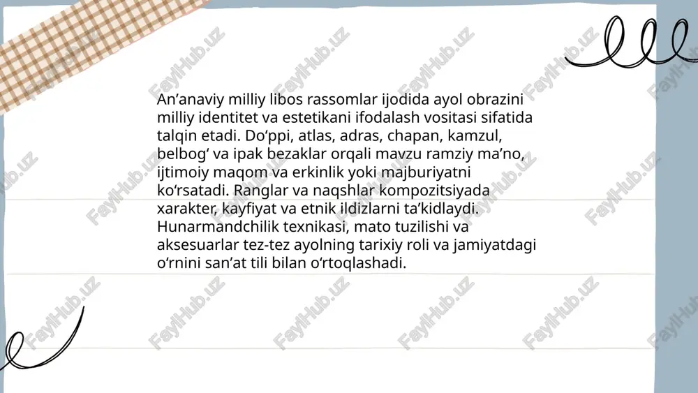 ayollar obrazini anʼanaviy va zamonaviy elementlarni uygʻunlashtirib talqin qiladi. 1990-yillardan beri portret, muqaddaslik, qiyofaviy simbolika, kiyinish va ritualar mavzulari markaziy hisoblanadi. ko‘plab ijodkorlar shaxsiy va ijtimoiy identitet, gender tengligi va shahar hayotidagi rolni tasvirlaydi. mixed media, grafika va video sanʼat orqali 21-asr ayollarining erkinlik, mustaqillik va oila-boshqaruv muammolari aks ettiriladi. koʻrgazma va residensiya platformalari ayol rassomlar ovozini kengaytirmoqda. ... t.me/slaydai_bot rassomlikda ayol obrazlari milliy identitetni shakllantirishda markaziy rol o'ynaydi. ayol liboslari, bezak va an'anaviy hunarmandchilik elementlari orqali madaniy meros vizual ifodalanadi. portret va sahna tasvirlari urf-odat, oilaviy qadriyatlar va tarixiy xotirani saqlaydi. zamonaviy talqinlar jamiyatdagi gender roli va milliy o'ziga xoslikni yangicha tushunishga xizmat qiladi. rassomlarning ayol obrazlari xalqaro maydonda o'zbekiston madaniyatini tanitish va milliy birlikni mustahkamlashga yordam beradi. ... t.me/slaydai_bot 13. ayol obrazida gender stereotiplari va ularni yengish rassomlar ijodida ayol obrazida uchraydigan gender stereotiplari: 1) an'anaviy ro'l — uylilik, ona; 2) dekorativ ob'ekt sifatida tasvirlash; 3) passivlik va …