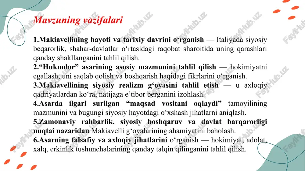 n milliy ensiklopediyasi” nashriyoti, 2010-yil.) makiavelli, n. “siyosat va davlat haqida risolalar”. – moskva: nauka, 1999. makiavelli, n. “gistoriya florentiy” (florensiya tarixi). – moskva: akademkniga, 2004. o‘zbek va rus tilidagi ilmiy adabiyotlar: karimov, i. a. “yuksak ma’naviyat — yengilmas kuch”. – toshkent: ma’naviyat, 2008. jo‘rayev, r. “g‘arb falsafasi tarixi”. – toshkent: tdpu nashriyoti, 2019. xudoyberdiyev, a. “falsafa asoslari”. – toshkent: o‘zbekiston, 2015. berdimurodov, b. “siyosiy tafakkur tarixidan”. – toshkent: ma’naviyat, 2012. image2.jpg image3.png image4.png image1.jpg /docprops/thumbnail.jpeg makiavellining “xukmdor” asari.