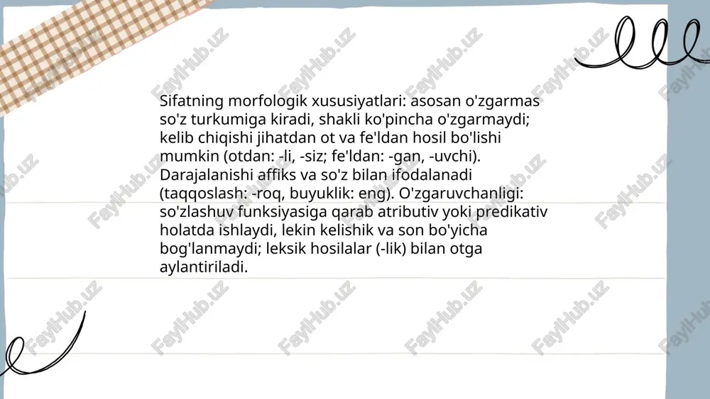 oliyat bildiruvchi hosila (ovqat+chi → ovqatchi). ... t.me/slaydai_bot 13. sifatlarning sinonim va antonim munosabatlari sifatlarning sinonim munosabati: ikki yoki undan ortiq sifat so'zlari bir xil yoki yaqin ma'noni bildiradi, lekin stilistik yoki semantik ohang, intensivlik va birlik darajasi bo'yicha farq bo'lishi mumkin; misollar: katta—ulkan/yirik, chiroyli—go'zal, tez—shiddatli. antonim munosabati: sifatlar qarama-qarshi ma'noni bildiradi; to'liq antonimlar (katta—kichik), gradatsion antonimlar (tez—sekin), kontrastli antonimlar mavjud; antonimlar gap ma'nosini aniq qiladi. ... t.me/slaydai_bot polisemiya sifatlarda bir sifat so‘zining kontekstga qarab bir nechta bog‘liq ma’nolarga ega bo‘lishi. sabablari: metafora, metonimiya, umumlashuv, texniklashuv. turlari: asosiy (birlamchi) va merosiy ma’no, kengaygan ma’no (qiyosiy, bahoviy), texnik ma’no. aniqlash usullari: kontekst, so‘z birikmalari, sinonimlar, antonimlar yordamida farqlash; intonatsiya va pragmatik omillar. misollar: “oq” (rang, halollik), “qattiq” (tashqi xususiyat, murakkablik). polisemiya homonimiya bilan ma’no aloqasiga qarab farqlanadi. ... t.me/slaydai_bot 1) aniqlovchi xususiyat: sifat+ot birikmalari asosiy otni aniqlaydi. 2) semantik birlik: ba'zilari birlashib yangi, mustahkam leksik birlik hosil qiladi. 3) ma'no turi: …