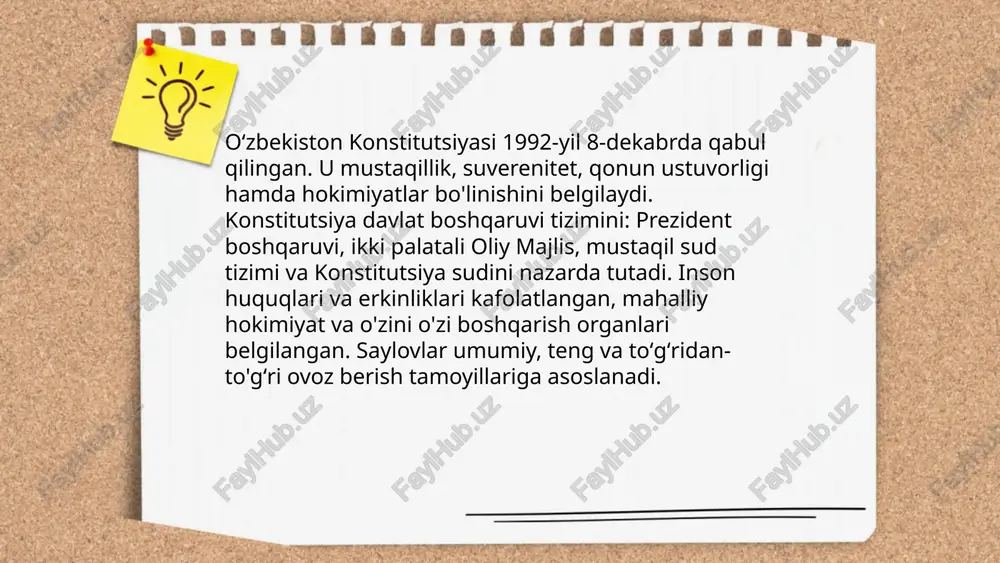 iston mustaqil, ko‘pvektorli tashqi siyosat olib boradi. ustuvorliklar: mintaqaviy barqarorlik va xavfsizlikni mustahkamlash; iqtisodiy integratsiya va savdo o‘sishini ta'minlash; investitsiyalarni jalb etish; transport va tranzit salohiyatini rivojlantirish; energetika va suv resurslari bo‘yicha muloqot; raqamli va ilmiy-texnik hamkorlik; inson xavfsizligi va migratsiya boshqaruvi. hamkorlik formatlari: bmt, mdh, shanxay hamkorlik tashkiloti, iqtisodiy hamkorlik tashkiloti, islom hamkorlik tashkiloti, mintaqaviy tashabbuslar. ... t.me/slaydai_bot oʻzbekiston mintaqaviy integratsiyani mustahkamlash va markaziy osiyo bilan hamkorlikni chuqurlashtirishga eʼtibor qaratadi. 5 qoʻshni davlat bilan savdo, transport yoʻlaklari, energetika va suv resurslarini boshqarish bo‘yicha qo‘shma loyihalarni rivojlantirish asosiy vazifa. chegaraviy infratuzilma, bojxona hamkorligi, investitsiyalarni jalb etish, multimodal transport va transchegaraviy kommunikatsiyalarni kengaytirish orqali mintaqaviy iqtisodiy integratsiya va xavfsizlikni taʼminlashga intiladi. 1991 dan buyon madaniy va ilmiy-gumanitar almashinuvlar ham kuchaygan. ... t.me/slaydai_bot 13. madaniyat va milliy-madaniy merosni tiklash 1991 yildan soʻng oʻzbekiston mustaqillikni olgach, madaniy merosni tiklashga davlat eʼtibori kuchaydi. shu yoʻlda samarkand, buxoro va xiva kabi 3 tarixiy markazda restavratsiya, …