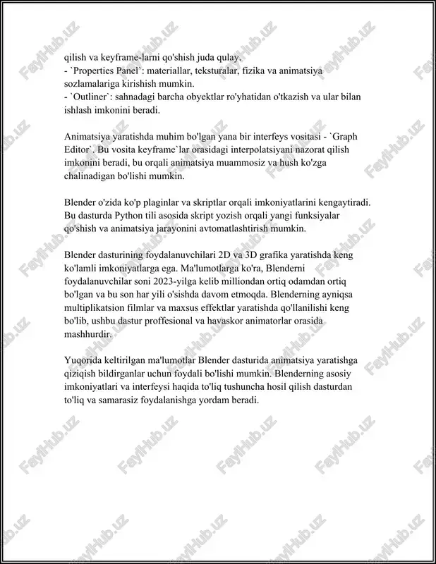 an biridir. u murakkab 3d modellari va animatsiyalarni yaratish uchun kalit kadrlarni yuqori darajada boshqarishga imkon beradi. 3. **blender** - bu ochiq kodli 3d yaratish dasturi bo‘lib, u ham kalit kadrlarni boshqarishni taklif qiladi va hamjamiyat tomonidan keng qo‘llaniladi. kalit kadrlar haqida yana bir muhim jihat, ularning vaqt jadvali (timeline) da qanday joylashtirilishidir. vaqt jadvali kalit kadrlarning buzilishi yoki to‘g‘ri amalga oshirilishini ta’minlovchi eng muhim vositalardan biridir. animatorlar vaqt jadvalidan foydalanib, harakatning davomiyligi va tezligini belgilaydilar. kalit kadrlarning asosiy afzalliklaridan biri bu animatsiya jarayonini optimallashtirishdir. animatorlar faqatgina muhim harakatlar uchun kadrlarni chizib chiqib, qolgan qismini kompyuterga topshiradi, bu esa vaqtni tejash imkonini beradi. bundan tashqari, kalit kadrlar vositasida yaratilgan animatsiyalar ancha silliq va tabiiy ko‘rinishga ega bo‘ladi, chunki kompyuter vositalari interpolatsiya jarayonida juda aniq hisob-kitoblarni amalga oshirish imkoniyatiga ega. hozirda kalit kadr texnologiyalari boshqaruvi ham avtomatlashtirilmagan usullardan foydalanadi, bu esa juda nozik va murakkab harakatlarni yaratishda dev konstruktorlariga qo‘l beradi. …