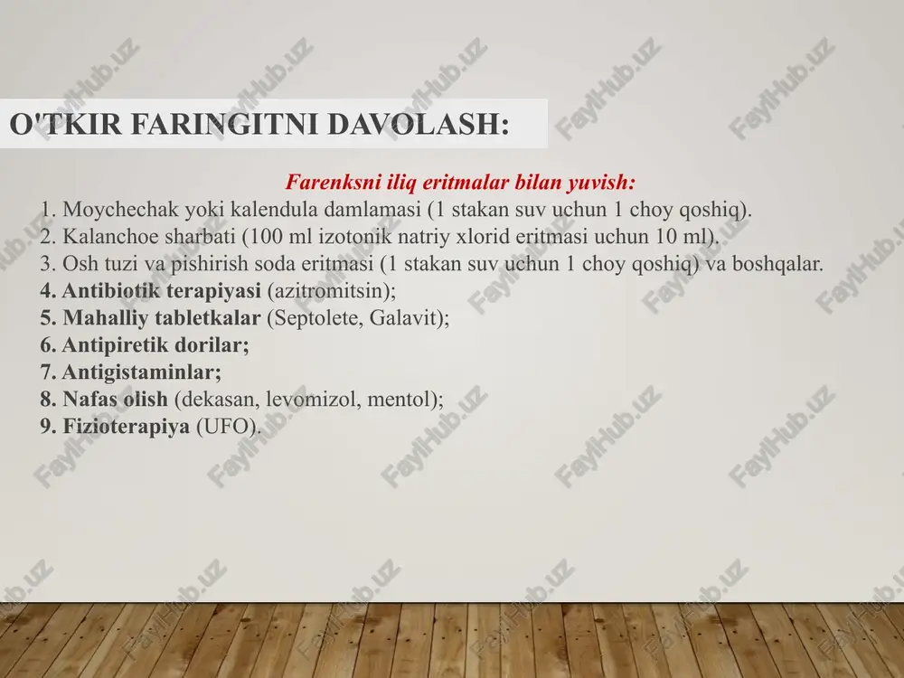 ktsiya haqida gapiring); trismus, tuprik va disfagiya bormi-peritonsillar xo'ppozi; og'izda yaralar yoki yaralar bormi (gerpangina, kandidoz); terida o'zgarishlar bormi – ekzantemalar; boshqa alomatlar: qorin og'rig'i, bosh og'rig'i, charchoq; tomoq og'rig'i suyuqlik iste'molini cheklamasligiga ishonch hosil qiling; skarlatina, revmatik isitma bilan og'rigan bemorlar bilan aloqa bormi; emlash (dtp-difteriyaga qarshi) o'z vaqtida? tomoq og'rig'i bo'lgan bemorlarni tekshirish tuprik, stridor va nafas olish qiyinlishuvi (epiglotitga shubha qilingan) alomatlari bo'lgan bemorlarning tomog'ini (ayniqsa 3-7 yosh) tekshirmang.; hayotiy belgilarni baholang-yurak urishi, hdd, qon bosimi, harorat; terini tekshirish-rang va toshmalar, palpatsiya paytida-turgor va silliqlik (qizil olov kabi "qum qog'ozi" hissi bormi); og'izni tekshiring-yaralar, kandidoz blyashka; quloqlarni tekshirish(otitis media?); tomoq va tomoqni ekssudat va shish uchun tekshirish; bo'yin va pastki jag'ning palpatsiyasi-limfa tugunlari; qattiq bo'yin bormi; o'pka auskultatsiyasi; 16 e'tiboringiz uchun tashakkur! image2.jpeg image3.jpeg image4.jpeg image5.jpeg image6.png image7.jpeg image8.jpeg image9.jpeg image10.jpeg image11.jpeg image12.jpeg image1.jpg