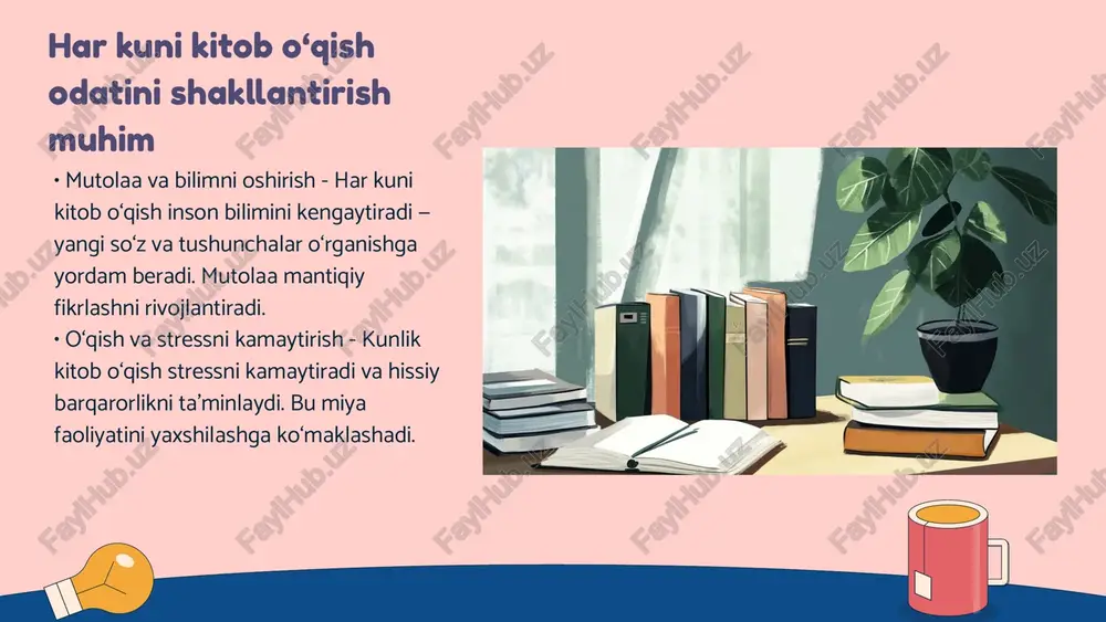 - kitoblar bilim va tajriba manbai hisoblanadi, ular insonning rivojlanishi va mantiqiy fikrlashi uchun muhimdir. ularni qadrlash madaniyat va bilimga hurmat ko‘rsatishni o‘rgatadi. • kitoblarni to‘g‘ri saqlash - kitoblar namlik va quyoshdan himoyalangan joyda saqlanadi, ortiqcha bosim yoki mexanik zarardan ehtiyot qilish lozim. bunday parvarish kitoblarning uzoq muddat foydalanilishini ta’minlaydi. bolalar uchun yoshiga mos kitoblar tanlash muhim • yosh xususiyatlari e'tiborda bo'lishi - har bir yosh bosqichida bolalar turli mavzularga qiziqadi, bu ularga yangi bilimlarni o'rganishda yordam beradi. yosh xususiyatlarini hisobga olish muhim. • til darajasi va muvofiqlik - kitoblarning tili bolaning tushunish darajasiga mos bo'lishi kerak. bu ularning so'z boyligini oshirishda qo'l keladi. • bolalarning qiziqishlari - har bir bola individual qiziqishlarga ega. o'z qiziqishlaridan kelib chiqqan holda kitob tanlash samarali hisoblanadi. • rivojlanish uchun ta'sir - yoshiga mos kitoblar bolaning fikrlash qobiliyatini rivojlantiradi va yangi dunyoqarashni ochishga yordam beradi. kitob o‘qish bolalarning mantiqiy fikrlashini rivojlantiradi • mantiqiy fikrlash …