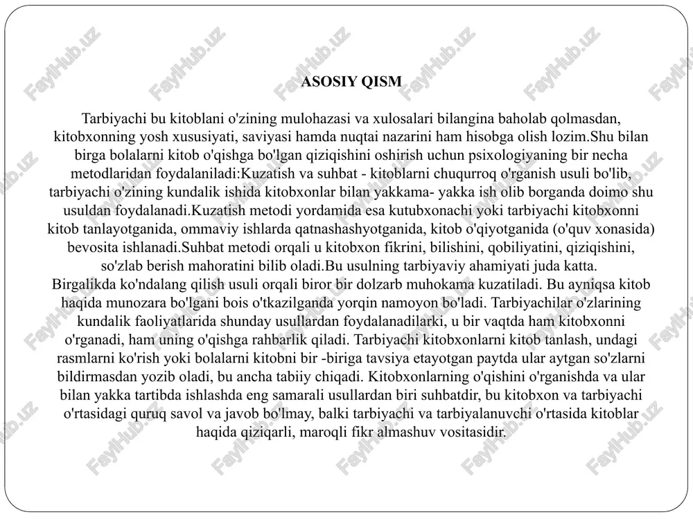 itobga mehr qo’yishiga yordam beruvchi ko’rsatmalar . research, uzbekistan 43 www.ares.uz ly ~ o ¥ < = a »-~ <jbw qohotor ek ego @) ei) |o): |e eb o'e & om + - @ x <— @ © &g file:///c:/users/2023/downloads/maktabgacha-yoshdagi-bolalarni-kitob-o... a 121% w@nepeckazate g@pacnevatare : qo b uv = maktabgacha-yoshdagi-bolalarni-kitob-oqishga-qiziqtirishda-psi... 6/12 — 121% + () o q6 . issn: 2181-1385 . scientific journal impact factor (sjif) 2021: 5.723 dot: 10.24411/2181-1385-2021-00552 chigadi. kitobxonlarning o’qishini o’rganishda va ular bilan yakka tartibda ishlashda eng samarali usullardan biri suhbatdir, bu kitobxon va tarbiyachi o’rtasidagi quruq savol va javob bo’lmay, balki tarbiyachi va tarbiyalanuvchi o’rtasida kitoblar haqida qiziqarli, marogli fikr almashuv vositasidir [11]. fes) 2-rasm.suhbat metodining uch xil ko’rinishi (muammoga ko’ra) tavsiyaviy suhbat bolaga kitob tanlashda yordam berishni, kitobga qiziqish uyg’otishni, o’ziga maqsad qilib qo’yadi. tarbiyachi iloji boricha har qanday so’roqqa javobi tavsiya suhbati o’tkaziladi, kitobxonga mos keladigan kitoblarni tavsiya etadi. faoliyatni borishi mavzu: kitob …