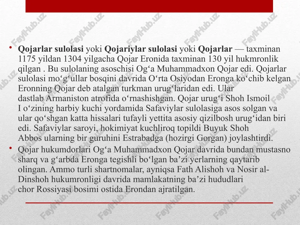 ruziya va kavkaz mintaqasining ko'p qismini qo'shib olganini tan oldi rus-fors urushi (1826-1828) qajar eron uchun yanada fojiali tarzda tabrizni vaqtincha bosib olish va 1828 yilda turkmanchoy shartnomasini imzolash bilan yakunlandi, bu rossiyaning aras daryosi shimolidagi butun janubiy kavkaz ustidan suverenitetini tan oldi. fath ali shoh hukmronligi davrida g'arb bilan diplomatik aloqalar kuchaygan va evropaning eron ustidan keskin diplomatik raqobatlari boshlangan. eronning strategik joylashuvi ruslar va inglizlarni ayniqsa qiziqtirgan. ruslar uchun u dengizga qo'shimcha yo'l ochish uchun kengaytirilishi mumkin bo'lgan mavjud hududning janubida joylashgan edi. inglizlar uchun bu mintaqa ularning hindistonga kirish eshigining bir qismi edi. eron "ajoyib o'yin" uchun asosiy maydon edi. fath ali shohning nabirasi muhammad shoh, rossiya ta'siriga tushib, hirotni qo'lga kiritish uchun ikkita muvaffaqiyatsiz urinish qilib, 1834 yilda uning o'rnini egalladi.1848 yilda muhammadshoh vafot etgach, merosxo'rlik uning o'g'li nosiriddinga o'tdi, u qajar suverenlarining eng qudratli va eng muvaffaqiyatli vakili bo'ldi. fors shohlari, 1794-1925 og'a muhammadxon qajar …