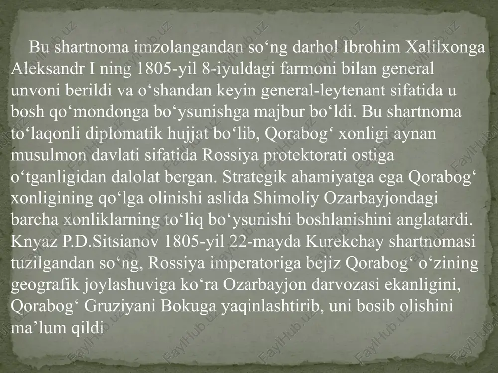 inda bir narsaga eʼtibor qaratish lozimki, soʻnggi paytlarda bir qator arman va rus tarixchilari, shuningdek, ayrim siyosiy doiralar qorabogʻ rossiya tarkibiga armanlar hududi sifatida qoʻshilgan deb daʼvo qilmoqda. dalil sifatida ular, go'yo butun xviii asr davomida qorabog'ning arman aholisi bu hudud aholisining 97 foizini tashkil etganini ko'rsatadilar. shu o‘rinda savol tug‘iladi: agar bu to‘g‘ri bo‘lsa, nega xviii asr o‘rtalarida qorabog‘da arman davlati emas, balki mashhur turkiy yavonshir qabilasi vakillari boshchiligidagi qorabog‘ xonligi vujudga keldi? zero, tarixda qolgan aholining to‘qson yetti foiziga nisbatan uch foiz aholi o‘z davlatchiligini barpo eta oladi, degan o‘xshashlik yo‘q. biroq, o'sha davrning xalqaro-huquqiy hujjatlarini sinchiklab o'rganish nafaqat qorabog'ning, balki armanistonning rossiyaga kirish shakli haqida qiziqarli faktlarni aniqlaydi. shunday qilib, 1801-yilgi georgiy shartnomasiga ko‘ra, ozarbayjon xonliklari esa guliston (1813) va turkmanchoy (1828) shartnomalariga ko‘ra rossiya tarkibiga kirdilar. o'rinli savol tug'iladi: armaniston va u da'vo qilayotgan hududlar qanday shartnoma, bitim yoki risola asosida rossiya tarkibiga kirdi? bu savolga …