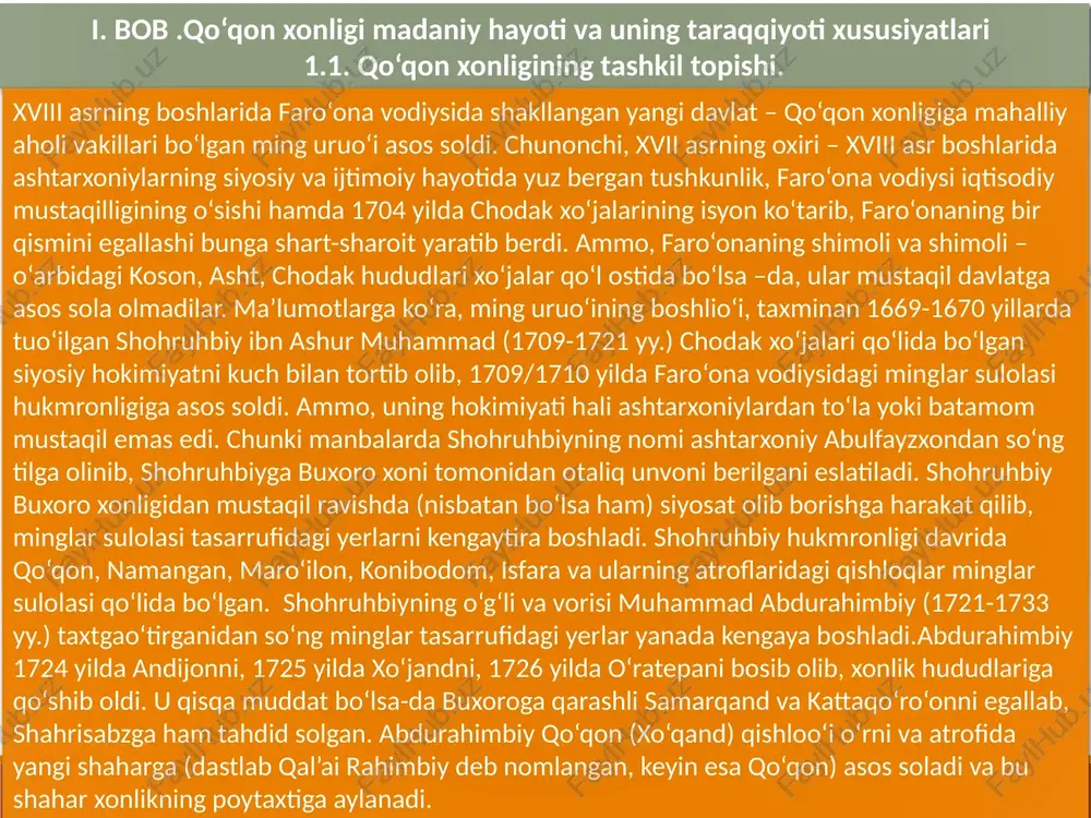 tayandi hamda xonlik mustaqilligini saqlab qoldi. abdulkarimbiy 1750 yilda vafot etganidan so‘ng, xonlik taxtiga uning o‘o‘li abdurahmon o‘tirdi. ammo, u taxtga to‘qqiz oy o‘tirib, so‘ng marg‘ilonga hokim etib jo‘natildi hamda taxtga abdurahimbiyning ikkinchi o‘g‘li erdonabiy o‘tirdi. 1753 yilda qalmoqlarning tazyiqi va talabi bilan ularning qo‘lida garov sifatida ushlab turilgan bobobek xonlik taxtiga ko‘tarildi. lekin, oradan bir yil ham o‘tmay o‘ratepa yurishi vaqtida bobobek beshariqda o‘ldirildi hamda erdonabiy (1755-yy.) qayta qo‘qon taxtini egalladi. xitoylik geograflarning ma’lumotlariga ko‘ra, uning hukmronligi davrida, 1759-1760 yillarda farg‘ona to‘rtta mulk: andijon, namangan, maro‘ilon va qo‘qonga bo‘lingan bo‘lib, ular ichida qo‘qon yetakchilik qilgan. erdonabiydan so‘ng taxtga shohruhbiyning uchinchi o‘g‘li shodibekning farzandi sulaymonbek o‘tiradi. uning taxni egallashida urug‘ oqsoqollarining ko‘magi katta bo‘lgan bo‘lsa-da u atigi 6 oy hukmdorlik qildi. yilda qo‘qon taxtiga abdurahmonbiyning o‘g‘li norbo‘tabiy (17701801 yy.) o‘tiradi. norbo‘tabiy markaziy hikimiyatni mustahkamlashda, bo‘ysunmas hokimlar qarshiligini bostirishda nisbatan muvaffaqiyat qozonadi. u chust va namangandagi g‘alayonlarni bostirganidan so‘ng, bu shaharlarga …