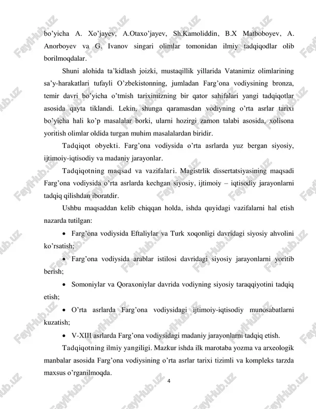 avlat siyosati darajasiga ko‘tarildi va o‘zbekiston tarixining ko‘pgina masalalari o‘zining yangi, ilmiy jihatdan xolis va haqqoniy yechimini topa boshladi. chunki, respublikamizning birinchi prezidenti islom karimov ta‘kidlab o‘tganidek, «o‘z tarixini bilmagan jamiyat istiqbolga eltuvchi yo‘lni topa olmaydi. tarixga bepisand xalqning kelajagi yo‘q‖ 1 . farg‘ona vodiysining o‘rta asrlar tarixi davlatchiligimiz tarixida muhim o‘rin tutadi. bu davrda vodiyda eftaliylar, turk xoqonligi va arablar ketma-ketlikda hukm surganlar. farg‘ona vodiysining ilk o‘rta asrlar tarixi hali alohida tadqiqot mavzusi sifatida olinmagan va ilk o‘rta asrlar tarixi bo‘yicha fundamental asar yaratilmagan. o‘tgan asrda a.n bernshtam tomonidan ―qadimgi farg‘ona‖ nomli risolasida turklar va arablarning vodiydagi faoliyati haqida to‘xtalib o‘tilgan. 2013-yili esa a. xo‘jayev tomonidan ―farg‘ona tarixiga oid ma‘lumotlar‖ kitobi nashr etildi. unda farg‘ona vodiysi tarixiga oid xitoy manbalari tarjimalari va sharhlari keltirilgan. shuningdek, a. otaxo‘jayev va m.m xatamovalar ushbu davr bo‘yicha jiddiy ilmiy tadqiqot olib borishmoqda. biz magistrlik dissertatsiyasini yozishda yuqoridagi tadqiqotchi olimlarning farg‘ona vodiysining ilk o‘rta …