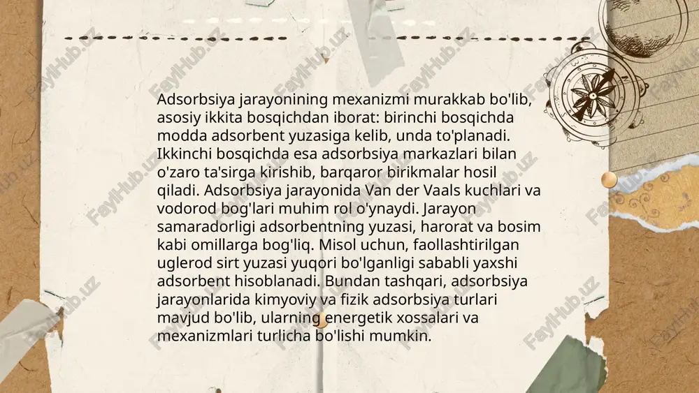 adi. adsorbsiya yuzasidagi faollik markazlari kimyoviy bog'lanishni hosil qilishi yoki mo'ljal ko'rsatishi mumkin. shu bilan birga, turli substratlar kabi metall oksidlari va uglerod nanotublari ham adsorbsiya va reaksiya xususiyatlarini belgilashda muhim rol o'ynaydi. adsorbsiya yordami bilan kataliz reaksiyalarining samaradorligini oshirishga ham erishiladi. ... t.me/slaydai_bot xromatografiya tahlil amaliyotida keng qo'llaniladi, ayniqsa kimyo, farmatsevtika va biologiya sohalarida. u kimyoviy aralashmalarni ajratish va tahlil qilishda ishlatiladi. ushbu usul yordamida ko'plab moddalarning tarkibi aniqlanadi. masalan, dorilarning sof holatini ta’minlash va ularning tarkibidagi faqat kerakli moddalar borligini tekshirish uchun ishlatiladi. biologiyada esa oqsillar, nuklein kislotalar va boshqa biomolekulalarni ajratish uchun qo'llaniladi. xromatografiyaning turli turlari, masalan, suyuqlik xromatografiyasi (lc), gaz xromatografiyasi (gc) va yuqori samaradorlikka ega suyuqlik xromatografiyasi (hplc) mavjud bo'lib, har birining o'ziga xos afzalliklari bor. ... t.me/slaydai_bot 10. adsorbsiya izotermalari adsorbsiya izotermalari moddalar gaz yoki suyuqlikdan qattiq yuzaga adsorbsiyalanish jarayonini tavsiflash uchun ishlatiladi. asosiy izotermalar langmuir va freundlich modellari hisoblanadi. langmuir izotermasi monomolekulyar qavat …