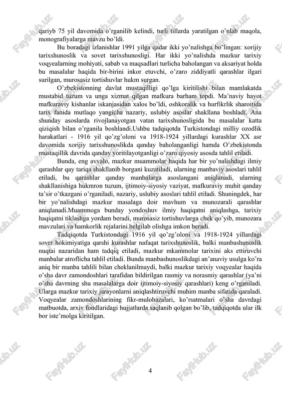ek, har bir yo’nalishdagi mazkur masalaga doir mavhum va munozarali qarashlar aniqlanadi.muammoga bunday yondoshuv ilmiy haqiqatni aniqlashga, tarixiy haqiqatni tiklashga yordam beradi, murosasiz tortishuvlarga chek qo’yib, munozara mavzulari va hamkorlik rejalarini belgilab olishga imkon beradi. tadqiqotda turkistondagi 1916 yil qo’zg’oloni va 1918-1924 yillardagi sovet hokimiyatiga qarshi kurashlar nafaqat tarixshunoslik, balki manbashunoslik nuqtai nazaridan ham tadqiq etiladi, mazkur mkammolar tarixini aks ettiruvchi manbalar atroflicha tahlil etiladi. bunda manbashunoslikdagi an’anaviy usulga ko’ra aniq bir manba tahlili bilan cheklanilmaydi, balki mazkur tarixiy voqyealar haqida o’sha davr zamondoshlari tarafidan bildirilgan rasmiy va norasmiy qarashlar (ya’ni o’sha davrning shu masalalarga doir ijtimoiy-siyosiy qarashlari) keng o’rganiladi. ularga mazkur tarixiy jarayonlarni aniqlashtiruvchi muhim manba sifatida qaraladi. voqyealar zamondoshlarining fikr-mulohazalari, ko’rsatmalari o’sha davrdagi matbuotda, arxiv fondlaridagi hujjatlarda saqlanib qolgan bo’lib, tadqiqotda ular ilk bor iste’molga kiritilgan. i – bob. turkiston mintaqasida sovet hokimiyatiga qarshi qurolli harakat va uning tarixiy ahamiyati 1.1 oktyabr to`ntarilishi. turkistonda mustabid sovet rejimining o`rnatilishi, …