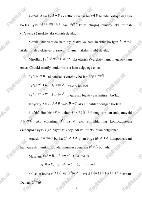 slantirishning qo’zg’almas nuqtalari sistemaning echimidan, ya’ni (-1;1) nuqtadan iborat. 3) agar y(x) funksiya [0;1] kesmada uzluksiz bo’lsa, u holda y2(x)-y(x)-x2 funksiya ham [0;1] kesmada uzluksiz funksiya bo’ladi. shuning uchun t(y)= y2 - y - x2 formula bilan aniqlangan akslantirish s[0;1] fazoni o’z-o’ziga akslantiradi. bu akslantirishning qo’zg’almas nuqtalari y2(x)-y(x)-x2=y(x) funkstional tenglama echimlaridan, ya’ni y=1+ va y=1- funksiyalardan iborat bo’ladi. qisqartirib akslantirish. (x,) metrik fazoni o’z-o’ziga aks ettiruvchi t akslantirish berilgan bo’lsin. 3-ta’rif. agar x fazodan olingan ixtiyoriy x va u nuqtalar uchun (1) tengsizlikni qanoatlantiradigan (0 0 bo’lsin. u holda (x,a) n) uchun (an,am)=(tn(a0),tm(a0)) = (tn(a0),tn(am–n)) n(a0,am–n) n((a0,a1)+ (a1,a2)++(am–n–1,am–n)) n((a0,a1)+ +(a0,a1)++m–n–1(a0,a1)) (a0,a1) munosabat o’rinli bo’ladi. endi <1 bo’lganligi sababli, n etarlicha katta bo’lganda bu tengsizlikning o’ng tomonini istalgancha kichik qilish mumkin. demak, {an} ketma-ketlik fundamental bo’ladi. bundan {an} ketma-ketlik yaqinlashuvchi: an=a va x fazoning to’laligidan ax kelib chiqadi. t uzluksiz akslantirish bo’lganligidan t(a)=t(an)= t(an)= an+1=a. demak, a qo’zg’almas nuqta ekan. endi …