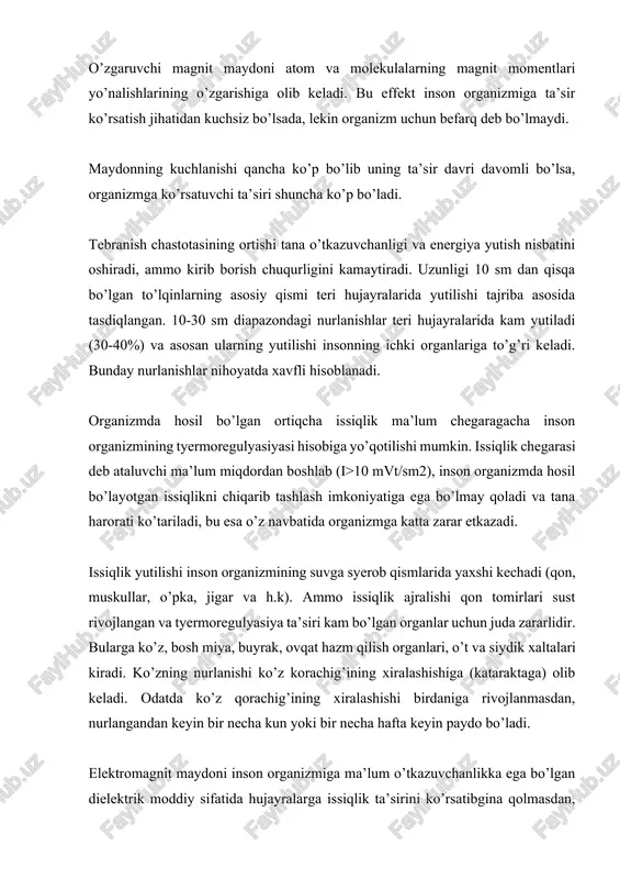 ish respublikamizda yo’lga qo’yilgan nurlanishning ruxsat etilgan darajalari juda kam birlikni tashkil qiladi. shuning uchun organizm uzoq vaqt nurlanish ta’sirida bo’lgan taqdirda ham hech qanday o’zgarish bo’lmasligi mumkin. sn 848-70 bo’yicha ko’zda tutilgan «yuqori, o’ta yuqori va haddan tashqari yuqori chastotadagi elektromagnit maydonlari manbalarida ishlaganlar uchun sanitar norma va qoidalar» quyidagicha ruxsat etilgan norma va chegaralarni belgilaydi: ish joylarida elektromagnit maydoni radiochastota kuchlanishi elektr tarkibi bo’yicha 100 kgs-30 mgs chastota diapazonida 20 v/m, 30-300 mgs chastota diapazonida 5 v/m dan oshmasligikerak. magnit tarkibi bo’yicha esa 100 kgs- 1,5 mgs chastota diapazonida 5 v/m bo’lishikerak. svch 30-300 000 mgs diapazonida ish kuni davomida ruxsat etiladigan maksimal nurlanish oqim kuchlanishi 10 mk vt/sm2 , ish kunining 2 soatidan ortiq bo’lmagan vaqtdagi nurlanish 100 mk v/sm2 dan oshmasligikerak. bunda albatta muhofaza ko’zoynagi taqilishikerak. qolgan ish vaqti davomida nurlanish intensivligi 10 mk vt/sm2 dan oshmasligikerak. svch diapazonida kasbi nurlanish bilan bog’lanmagan kishilar va doimiy …