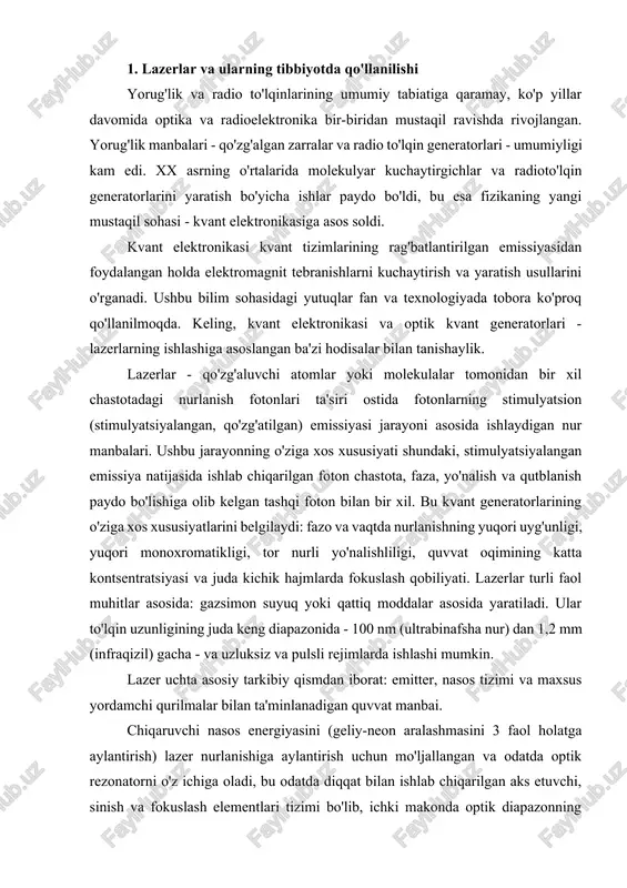 ng ishlaydigan qismida minimal yo'qotishlarga ega bo'lishi kerak, qurilmalar ishlab chiqarish va ularning o'zaro o'rnatilishining yuqori aniqligi bo'lishi kerak. lazerlarni yaratish uchta asosiy fizik g'oyani amalga oshirish natijasida mumkin bo'ldi: rag'batlantirilgan emissiya, atomlarning energiya darajalarining termodinamik jihatdan muvozanatsiz teskari populyatsiyasini yaratish va ijobiy teskari aloqa vositalaridan foydalanish. qo'zg'alayotgan molekulalar (atomlar) lyuminesans fotonlarini chiqarish imkoniga ega. bunday nurlanish o'z-o'zidan sodir bo'lgan jarayondir. vaqtda, chastotada (turli darajalar o'rtasida o'tishlar bo'lishi mumkin), tarqalish va qutblanish yo'nalishida tasodifiy va tartibsizdir. stimulyatsiya qilingan yoki induktsiyalangan boshqa nurlanish, agar fotonning energiyasi tegishli energiya darajalaridagi farqga teng bo'lsa, foton qo'zg'atilgan molekula bilan o'zaro ta'sir qilganda paydo bo'ladi. stimulyatsiyalangan (qo'zg'atilgan) nurlanishda sekundda amalga oshiriladigan o'tishlar soni bir vaqtning o'zida moddaga kiruvchi fotonlar soniga, ya'ni yorug'lik zichligiga, shuningdek qo'zg'algan molekulalar soniga bog'liq. boshqacha qilib aytganda, majburiy o'tishlar soni tegishli qo'zg'atilgan energiya holatlarining populyatsiyasi qancha yuqori bo'lsa, shuncha ko'p bo'ladi. induktsiyalangan nurlanish har tomonlama tushayotgan nurlanish bilan bir xil, shu …