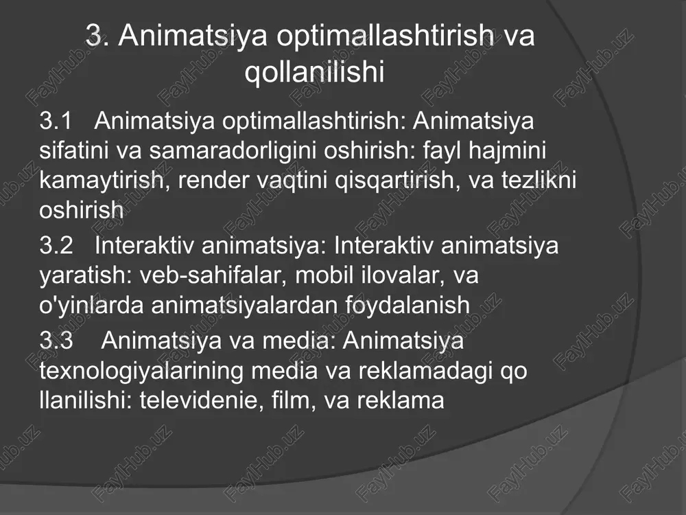 jimida) ta'rif: 3d modellashtirish dasturi, lekin 2d animatsiya uchun ham qo'llanilishi mumkin (grease pencil vositasi orqali). foydalanish sohalari: murakkab 2d va 3d kombinatsiyalar. qo'shimcha vositalar wacom tablet: qo'l bilan chizish va animatsiya yaratish uchun qulay. audio editing dasturlari: musiqa va ovoz effektlarini tahrirlash uchun (masalan, audacity). video montaj dasturlari: yakuniy natijalarni birlashtirish va tahrirlash uchun (masalan, adobe premiere pro). 2.1 2d animatsiya texnikalari raster grafikalar ta'rif: raster grafikalar, piksellar (nuqtalar) yordamida yaratiladi. har bir piksel rang va joylashuv bilan aniqlanadi. afzalliklari: murakkab va realistik tasvirlar yaratish imkonini beradi. odatda, fotosuratlar va qo'l bilan chizilgan ishlar uchun ishlatiladi. kamchiliklari: o'lchamni oshirishda sifat yo'qoladi (piksellash). odatda, katta fayl hajmini talab qiladi. vektor grafikalar ta'rif: vektor grafikalar matematik formulalar yordamida yaratiladi, bu esa chizmalarning har qanday o'lchamda sifatni yo'qotmasdan ko'paytirilishi yoki kamaytirilishini ta'minlaydi. afzalliklari: o'lchamni o'zgartirishda sifatni saqlab qoladi. odatda, animatsiyalar va grafikalar uchun eng mos. kamchiliklari: murakkab rang yoki tekstura effektlari yaratishda …