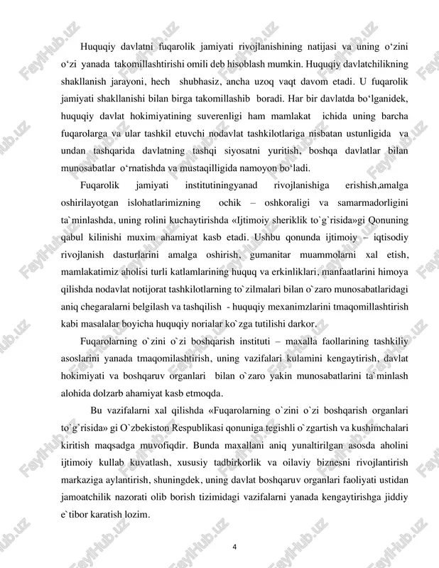 organlari to`g`risida» gi o`zbekiston respublikasi qonuniga tegishli o`zgartish va kushimchalari kiritish maqsadga muvofiqdir. bunda maxallani aniq yunaltirilgan asosda aholini ijtimoiy kullab kuvatlash, xususiy tadbirkorlik va oilaviy biznesni rivojlantirish markaziga aylantirish, shuningdek, uning davlat boshqaruv organlari faoliyati ustidan jamoatchilik nazorati olib borish tizimidagi vazifalarni yanada kengaytirishga jiddiy e`tibor karatish lozim. 5 shu bilan birga, «fuqarolar yigini raisi(oqsoqoli) va uning maslaxatchilari saylovi to`g`risida»gi o`zbekiston respublikasi qonuniga fuqarolarning o`zini o`zi boshqarish organlari raislari saylovi tizimini yanada tmaqomillashtirish boyicha oqsoqollar va ularning maslaxatchilari eng munosib fuqarolar ichidan saylanishini fuqarolar ijtimoiy faolligini kuchaytirishda maxallaning ahamiyati va roli oshirilishini ta`minlaydigan chora – tadbirlarni nazarda to`tadigan o`zgartish va kushimchalar kiritish taklif kilinadi. davlat hokimiyati va boshqaruvi organlari tomonidan qonun hujjatlarining ijro etilishi ustidan jamiyat fuqarolik institutlari nazarotini amalga oshirishning tizimli va samarali huquqiy mexanizmini yaratishga karatildan «o`zbekiston respublikasi jamotchilik nazorat to`g`risida»gi qonunni kobul qilish fursati yetdi. qonunda jamoatchilik nazoratining turlari, shakillari va subektlarini,nazorat predmetini, uni amalga oshirishning …