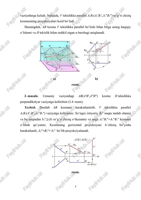 o‘qiga parallel bo‘ladi. rasm. 3. izlangan masofaning proyeksiyalarini tekislikning berilgan proyeksiyalarida yasash uchun d nuqtaning d′ va d″ proyeksiyalaridan tekislikning h(h′, h″) gorizontali va f (f′, f″) frontaliga tushirilgan perpendikulyarlar proyeksiyalari bilan aniqlanadi. parallel harakatlantirishning qoidasiga muvofiq e nuqtaning e″ va e′ proyeksiyalarini ko‘rsatilgan yo‘nalish bo‘yisha d′ va d″ proyeksiyalardan tekislikka tushirilgan perpendikulyarning proyeksiyalarida topamiz. 5–masala. sabd(s′a′b′d′, s″a″b″d″) ikki yoqli burchakning haqiqiy kattaligi parallel harakatlantirish usulidan foydalanib aniqlansin (3.8–rasm). yechish: 1. ab qirrani v tekislikka parallel qilib joylashtiriladi. buning uchun chizma maydonining ixtiyoriy joyida a′b′–a1′b1′ va a1′b1′∥ox qilib joylashtiriladi. 2. a1′ va b1′ nuqtalarga nisbatan d1′, s1′ nuqtalarni planimetrik yasashlardan foydalanib yasaymiz. hosil bo‘lgan a1, s1′, b1′ va d1′ nuqtalar yangi gorizontal proyeksiya bo‘ladi. 3. parallel harakatlantirish qoidasiga asosan a″, s″, b″ va d″ nuqtalar ox o‘qiga parallel chiziq bo‘yisha harakat qilganligidan a1″, s1″, b1″ va d1″ yangi frontal proyeksiyalari yasaladi. 4. ab qirrani h tekisligiga perpendikulyar qilib joylashtiriladi. buning …