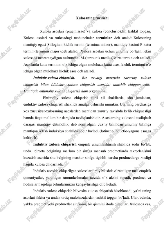 induksiya induktiv xulosa chiqarishning shunday turiki, unda birorta belgining ma’lum bir sinfga mansub, har bir predmetga xosligini aniqlash asosida, shu belgining berilgan sinf predmetlari uchun umumiy belgi ekanligi haqida xulosa chiqariladi. to’liq induktiv predmetlarning kichik sinfiga, elementlari yaqqol ko’zga tashlanib turadigan, miqdor jihatdan cheklangan yopiq sistemalarga nisbatan xulosa chiqarishda ishlatiladi. to’liq induksiyada muhokamaning qurilish shakli quyidagi ko’rinishga ega: s1 predmeti p belgiga ega. s2 predmet p belgiga ega. … … … … … … … … … … … … … … sn predmeti p belgiga ega. faqat s1, s2,…, sn largina c __________________________________ sinfini tashkil etadi. c sinfining har bir predmeti p belgiga ega. simvolik ifodasi esa quyidagicha: p(x1) p(x2) … … … ___________________________________ p(xn) predmetlarning yopiq to’plamini o’rganish empirik tadqiqotning aniq bir sinfni bilish bilan chegaralanganligini bildiradi. ana shuning uchun ham asoslardagi har bir predmet haqidagi ma’lumot qayd etilgan belgini sinf predmetlarining barchasiga yoyish, ularga tegishli, deb aytish …