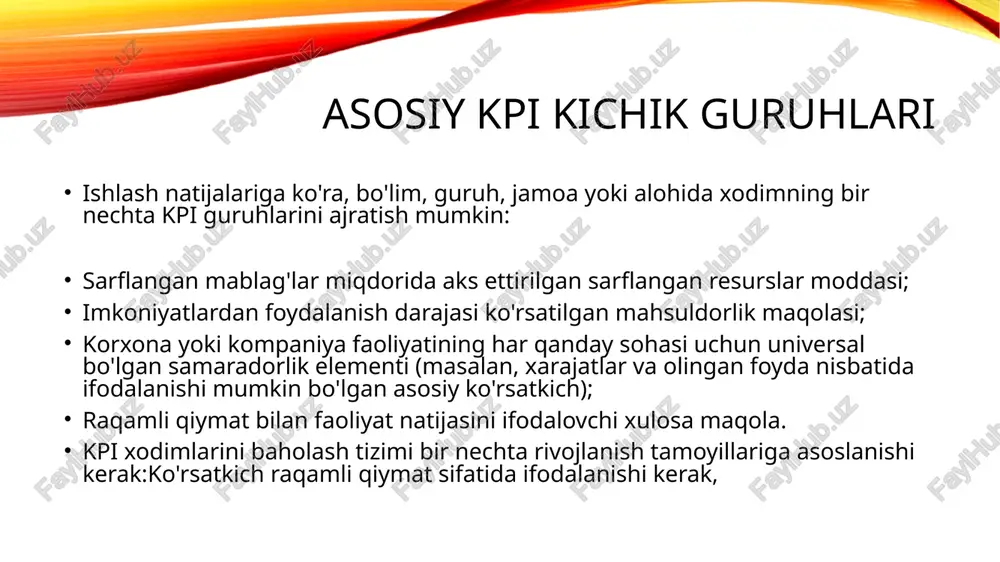 a va maqsad o‘rtasidagi farqni foiz sifatida ko‘rsatadi. agar kpi indeksi 100 foizdan yuqori, ya’ni me’yordan yuqori bo‘lsa, bu vazifa oshib ketganini bildiradi. agar kpi indeksi 100 foizdan past bo‘lsa, me’yor bajarilmaydi. lekin u belgilangan kpi indeksiga ham bog‘liq bo‘ladi, chunki me’yorni 70 dan 100 foizgacha hisoblash mumkin. olimlarning fikricha, kompleks baholashning asosiy elementlari quyidagilar bo‘lishi kerak: – davlat xizmatchisining malakasini baholash; – kasbiy fazilatlarni baholash – davlat xizmatchilarining davlat xizmatida muayyan lavozimni egallash uchun zarur bo‘lgan kasbiy fazilatlarga xizmat vazifalarini bajarishda muvofiqligini aniqlash; – davlat xizmatchisining kasbiy faoliyati samaradorligini baholash – davlat xizmatchisining maqsadlarga erishish, vazifalarni bajarish va rejalarni o‘z vaqtida, zarur sifatda, resurslardan optimal foydalangan holda to‘liq bajarish qobiliyatini baholash. foydalanilgan adabiyotlar "key performance indicators: developing, implementing, and using winning kpis" - david parmenterkpi'larni ishlab chiqish va amalga oshirish bo'yicha batafsil yo'riqnoma. "performance management: concepts, skills and techniques" - michael armstrongfaoliyatni boshqarish va kpi'lar orqali baholash jarayonlari. "the …