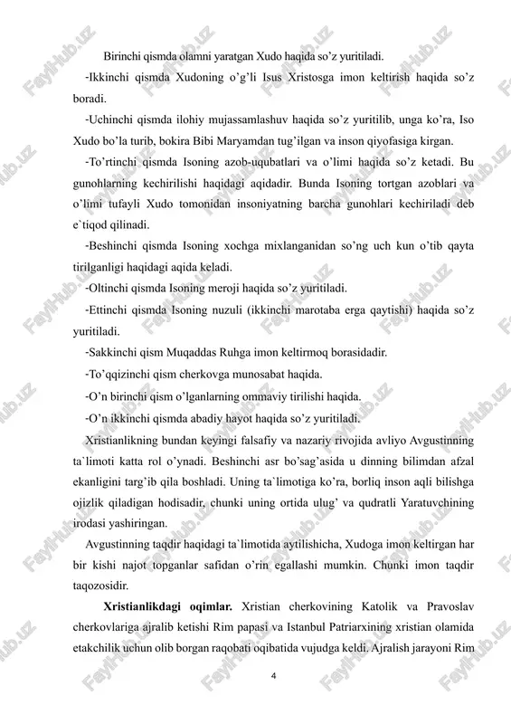 hladi. uning ta`limotiga ko’ra, borliq inson aqli bilishga ojizlik qiladigan hodisadir, chunki uning ortida ulug’ va qudratli yaratuvchining irodasi yashiringan. avgustinning taqdir haqidagi ta`limotida aytilishicha, xudoga imon keltirgan har bir kishi najot topganlar safidan o’rin egallashi mumkin. chunki imon taqdir taqozosidir. xristianlikdagi oqimlar. xristian cherkovining katolik va pravoslav cherkovlariga ajralib ketishi rim papasi va istanbul patriarxining xristian olamida etakchilik uchun olib borgan raqobati oqibatida vujudga keldi. ajralish jarayoni rim imperiyasining g’arbiy va sharqiy tafovutlari o’sib chuqurlashib borayotgan asrlardayoq boshlangan edi. 867 yillar orasida papa nikolay va istanbul patriarxi fetiy orasida uzil-kesil ajralish ro’y berdi va bu ajralish 1054 yili rasman tan olindi. xvi asr boshlarida katolitsizmdan bir necha evropa cherkovlari ajralib chiqishi natijasida xristianlikda protestantlik harakatlari vujudga keldi. buning doirasida lyuteranlik, baptizm, anglikanlik va kalvinizm cherkovlari shakllandi. bular bir cherkovning asosiy marosimlari jihatidan o’zlariga xos bo’lgan tomonlarga ega bo’lish bilan bir qatorda, bular ham o’z navbatida bir necha yo’nalishlar, mazhablar …