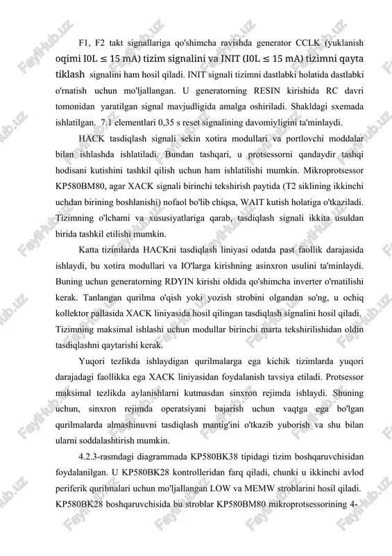 i. shu bilan birga, shinada 35 ns qo'shimcha kechikish paydo bo'ladi. boshqa mikrosxemalar, masalan, kp580ir83, kp580ba86/ba87, k589ir12, k589ap16/ap26 va boshqalarda manzil buferini amalga oshirish mumkin. ular turli xil yuk va vaqt xususiyatlariga ega va manzil inversiyasiga olib kelishi mumkin. ma'lumotlarni maskalash.. turli vaziyatlarda, dasturlarni bajarishda, akkumulyatordagi sonning bir yoki bir nechta bitlarining holatini tekshirish yoki o'zgartirish (maskalash) kerak. buni quyidagi operatsiyalar yordamida amalga oshirish mumkin: - akkumulyator va maskadagi sonning mantiqiy ko‘paytirilishi - mos keladigan maska bitida 0 yozilsa, sonning bitini tozalaydi (0 ga o‘rnatiladi), bu maska bitida 1 yozilsa, uni o‘zgartirmaydi; - akkumulyator va maskadagi sonning mantiqiy qo‘shilishi - agar maskaning mos bitida 1 yozilgan bo‘lsa, sonning bitini 1 ga o‘rnatadi, agar maskaning ushbu bitida 0 yozilsa, uni o‘zgartirmaydi; - akkumulyator va maskadagi sonning mantiqiy “eksklyuziv yoki” - agar maskaning mos bitida 1 yozilgan bo‘lsa, raqam bitining mazmunini o‘zgartiradi va agar ushbu bitda 0 yozilsa, uni o‘zgartirmaydi. maska. agar …