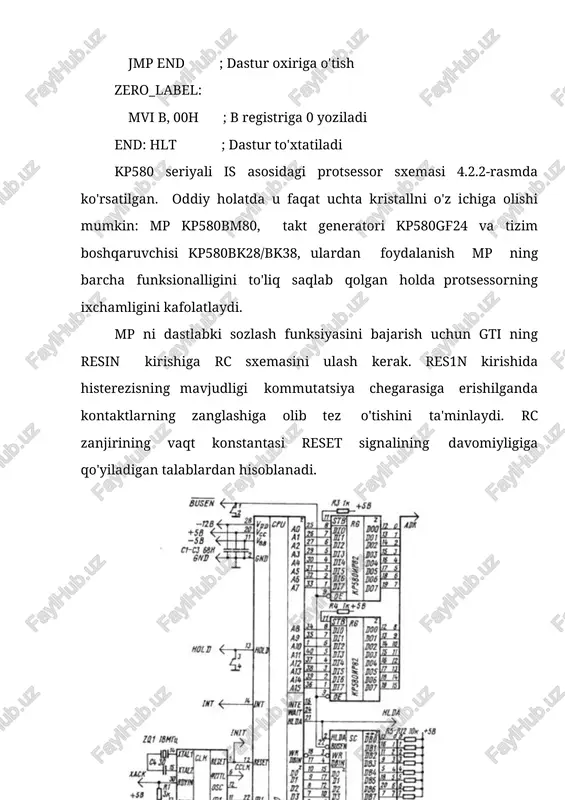 stroblarini hosil qiladi. kp580bk28 boshqaruvchisida bu stroblar kp580bm80 mikroprotsessorining 4- 45 ns ga kechiktirilgan wr eshigi bo'lib, u t3 siklida, ya'ni hack tasdiqlash signalining birinchi tekshiruvidan keyin hosil bo'ladi. barcha buyruq stroblari kp580bk38 ststb strobiga ulangan va uning boshlanishiga nisbatan 20-60 ns kechiktiriladi. ststb t2 siklining f2 fazasidan t/3 oldinda bo'lgani uchun, xack signalining birinchi tekshiruvigacha hali ham 4t/9-60 ns bor. t = 400 ns da, bu vaqt taxminan 120 ns ga teng, bu xack signalini qayta tiklash uchun etarli. cpu ishining vaqt diagrammasi 4.2.3-rasmda ko'rsatilgan. 4.2.3-rasm. markaziy protsessorning o'qish (a) va yozish (b) davrlarining vaqt diagrammasi. shunday qilib, kp580bk28 kontrolleridan foydalanish sinxron almashinuvga ega tizimlarda ham, teskari xack chizig'iga ega bo'lgan asinxron kirish tizimlarida ham mumkin. ikkala almashinuv protokoliga ruxsat beruvchi mslarda kp580bk38 chipidan foydalanish tavsiya etiladi. barcha holatlarda mrdc, mwtc, iorc va iowc buyruq satrlarining yuk hajmi quyidagicha: i0l ≤ 10 ma, cl ≤ 100 pf. inta liniyasining …