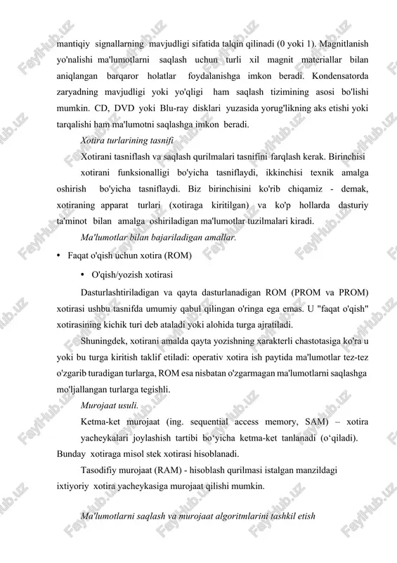 g'liq bo'lgan boshqa ma'lumotlarni qaytaradi. stek xotirasi - stekni amalga oshiradi. matritsali xotira - xotira yacheykalari ikki yoki undan ortiq koordinatalar orqali murojaatlari uchun joylashtirilgan. ob'ekt xotirasi - xotira bo'lib, uning boshqaruv tizimi ob'ektlarni saqlashga qaratilgan. har bir ob'ekt yozuvning turi va hajmi bilan tavsiflanadi. semantik xotira - ma'lumotlar kontseptual xususiyatlarning ma'lum bir tuzilishiga muvofiq joylashtiriladi va hisobdan chiqariladi. mo’ljallanishi. bufer xotira - bu turli qurilmalar yoki dasturlar o'rtasida ma'lumotlarni almashishda ularni vaqtincha saqlash uchun mo'ljallangan xotira. vaqtinchalik (oraliq) xotira - qayta ishlashning oraliq natijalarini saqlash uchun xotira. kesh xotira - bu keshlangan xotiraga qaraganda tezroq kirish uchun tez-tez foydalaniladigan ma'lumotlarni saqlaydigan qurilma yoki dasturiy ta'minot arxitekturasining bir qismi. tuzatish xotirasi - asosiy xotirada noto'g'ri yacheykalar manzillarini saqlash uchun mo'ljallangan kompyuter xotirasining bir qismi. bu xotira turi uchun relocation table va remap table atamalari ham ishlatiladi. boshqaruv xotirasi - bu boshqaruv dasturlari yoki mikrodasturlarni o'z ichiga olgan xotira. odatda rom …