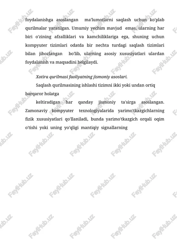 uvning turi va hajmi bilan tavsiflanadi. semantik xotira - ma'lumotlar kontseptual xususiyatlarning ma'lum bir tuzilishiga muvofiq joylashtiriladi va hisobdan chiqariladi. mo’ljallanishi. bufer xotira - bu turli qurilmalar yoki dasturlar o'rtasida ma'lumotlarni almashishda ularni vaqtincha saqlash uchun mo'ljallangan xotira. mo’ljallanishi. bufer xotira - bu turli qurilmalar yoki dasturlar o'rtasida ma'lumotlarni almashishda ularni vaqtincha saqlash uchun mo'ljallangan xotira. adres (manzil) maydonini tashkil qilish. haqiqiy yoki jismoniy xotira - adreslash usuli ma'lumotlarning jismoniy joylashuviga mos keladigan xotira; virtual xotira - manzillash usuli ma'lumotlarning jismoniy joylashuvini aks ettirmaydigan xotira; overlay xotirasi - bu bir xil manzillarga ega bo'lgan bir nechta maydonlar mavjud bo'lgan xotira, ulardan bir vaqtning o'zida faqat bittasi mavjud. protsessor uchun masofaviylik va foydalanish imkoniyati birlamchi xotira - protsessor tashqi qurilmalarga murojaat qilmasdan murojaat qila oladi. protsessor registrlari (protsessor yoki registr xotirasi) - bevosita amqda joylashgan registrlar; protsessor keshi - protsessor tomonidan kompyuter xotirasiga o'rtacha kirish vaqtini qisqartirish uchun ishlatiladigan kesh. u …