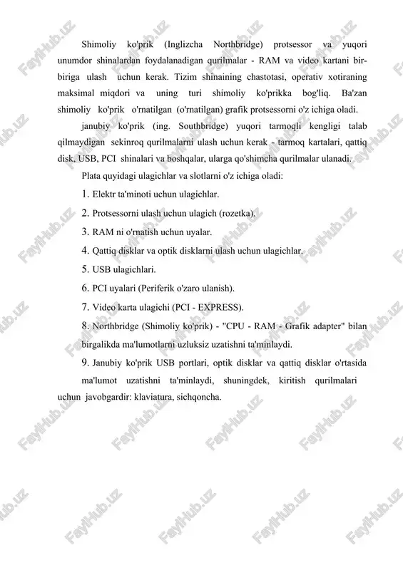 da bajaradi. komponentlar manzillar, ma'lumotlar va boshqaruv signallarini tashuvchi parallel simlar to'plami bo'lgan shina orqali ulanadi. shinalar tashqi (protsessorni xotira va kiritish-chiqarish qurilmalari bilan ulash) va ichki bo'lishi mumkin. 1.1.6-rasm - protsessor operativ xotira (ram, tasodifiy kirish xotirasi, ram), protsessor kabi tizim platasining maxsus uyalariga o'rnatiladi. operativ xotira xotira chiplari o'rnatilgan kichik bosilgan elektron plata shaklida ishlab chiqariladi, bu butun tuzilma "xotira moduli" deb ataladi. 1. ddr sdram (double data rate synchronous dynamic random access memory) - ma'lumotlarni uzatish tezligi ikki baravar yuqori bo'lgan sinxron dinamik tasodifiy kirish xotirasi (1.1.7-rasm). 1.1.7-rasm - ddr sdram 2. ddr2 sdram (double–data–rate two synchronous dynamic random access memory) - ma'lumotlarni uzatish tezligi ikki marta tez bo’lgan sinxron dinamik tasodifiy kirish xotirasi, ikkinchi avlod (1.1.8-rasm). 1.1.8-rasm - ddr2 sdram 3. ddr3 sdram (double–data–rate three synchronous dynamic ran– dom access memory) - uchinchi avlod ma'lumotlar uzatish tezligi bilan sinxron dinamik tasodifiy kirish xotirasi (1.1.9-rasm). zamonaviy kompyuterlarda …