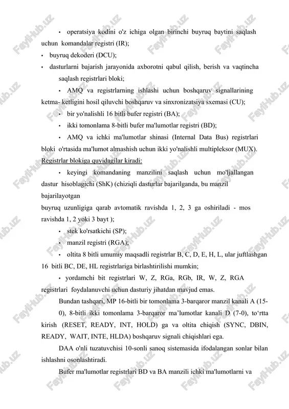 urlari hisoblagichi doimo bajarilayotgan buyruqdan keyin bajariladigan buyruqning birinchi baytining manzilini o'z ichiga oladi. opkod har doim komandaning birinchi baytiga joylashtiriladi. buyruq formatida operatsiya kodini ko'rsatuvchi bitlar x bilan belgilanadi. bu bitlar ushbu buyruqning ma'nosini, uning mazmunini/maqsadini aniqlaydi. buyruqning birinchi baytida operandlarning joylashuvi haqidagi ma'lumotlar ham bo'lishi mumkin: dst, src yoki butun 0..7. buyruqning ikkinchi va agar kerak bo'lsa, uchinchi baytlari bevosita ma'lumotlarga, port manziliga yoki xotira joyiga tayinlanadi. buyruq misollari: 1. bir baytli buyruqlar: mov a, b ldax b rst 7 2. ikki baytli buyruqlar: mvi m, 85h sui 8eh in 21h out 3ah 3. uch baytli buyruqlar: lda 1234h lxi b, 45aeeh call a34ch jc b800h buyruqlarda faqat bitta xotira manzili aniq ko'rsatilishi mumkin. shu sababli, mp buyruqlar tizimini unicast sifatida tasniflash kerak. mp buyruqlar tizimi 5 guruhdan iborat: • uzatish buyruqlari (14 ta buyruq, 28 ta amal); • mantiqiy buyruqlar (15 ta buyruq, 19 ta amal); • …