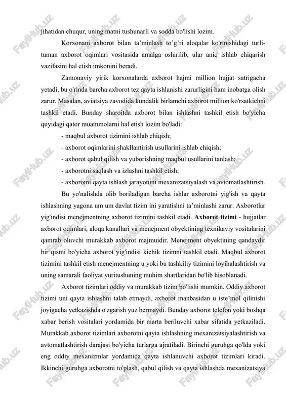 t manbasidan u iste’mol qilinishi joyigacha yetkazishda o'zgarish yuz bermaydi. bunday axborot telefon yoki boshqa xabar berish vositalari yordamida bir marta beriluvchi xabar sifatida yetkaziladi. murakkab axborot tizimlari axborotni qayta ishlashning mexanizatsiyalashtirish va avtomatlashtirish darajasi bo'yicha turlarga ajratiladi. birinchi guruhga qo'lda yoki eng oddiy mexanizmlar yordamida qayta ishlanuvchi axborot tizimlari kiradi. ikkinchi guruhga axborotni to'plash, qabul qilish va qayta ishlashda mexanizatsiya keng qo'llaniladigan axborot tizimlari kiradi. uchinchi guruhga m a’lumotlarni majmuiy mexanizatsiya vositasi bilan birga avtomatlashtirish elementlarini qo'llab qayta ishlash va to'plash qo'llanilgan axborot tizimlari kiradi. menejment texnikasi tushunchasi va tasnifi. menejment texnikasi - bu aqliy mehnat texnikasi, menejment tizimida axborotni qayta ishlash texnikasidir. texnika vositalari qanchalik takomillashgan bo'lsa, menejment texnologiyasi, menejment mehnatini tashkil etish va butun menejment jarayoni shunchalik samarali bo'ladi. hisoblarga asosan mamlakat iqtisodiyotini maqbul boshqarish uchun yil davomida 10 ta elementar arifmetik operatsiya bajarish zarur bo'lsa, boshqaruv apparati xodimlari 10 ta, ya’ni 10 ming marta kam operatsiya …