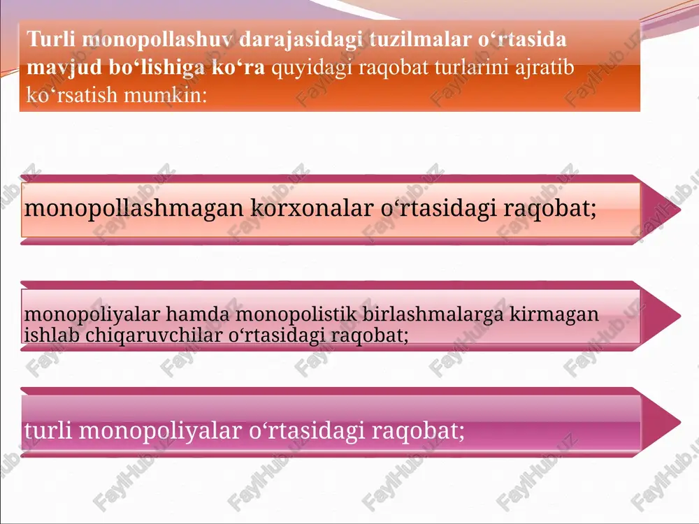 ketguday bo’lsa, u mahsulot ishlab chiqarish hajmini qisqartirish orqali narxni tartibga solishi mumkin. 4. tarmoqqa kirishda to’siqlarning mavjudligi. sof monopolist uchun raqobatchilarning mavjud bo’lmasligi tarmoqqa kirish uchun ma‟lum iqtisodiy, texnik, huquqiy va boshqa turdagi to’siqlar qo’yilishi bilan izohlanadi. sof monopoliya – tarmoqdagi yagona ishlab chiqaruvchi yoki sotuvchining narx va ishlab chiqarish hajmini belgilashdagi yakkahukmronlik holati hisoblanadi. o’zbekistonda sof monopoliyalar sifatida «o’zbekiston havo yo’llari» dak, «o’zbekiston temir yo’llari» dak, ular o’z tarmoqlaridagi tegishli faoliyatlarning yagona ishlab chiqaruvchisi hisoblanadilar. o’zbekistonda raqobatchilik muhitining vujudga kelishi va monopoliyaga qarshi qonunchilik. iqtisodiyotda davlat monopolizmining har qanday namoyon bo’lishini maksimal darajada bartaraf etish. buning uchun tadbirkorlikni rivojlantirish va iqtisodiyotni davlat tomonidan boshqarish tizimini takomillashtirish uchun nisbatan qulay shart-sharoitlarni yaratishga qaratilgan chuqur institutsional islohotlar zarur; bozor sharoitida vujudga kelayotgan monopoliyalarning bozordagi o’z ustunlik mavqelarini suiste‟mol qilish imkoniyatlarining oldini olish. davlat muassasalari raqobatning rivojlanishini ta‟minlashlari lozim. busiz samarali innovatsiyalar, past xarajatlar va narxlar, mahsulotning yuqori sifatiga erishish, boshqacha …