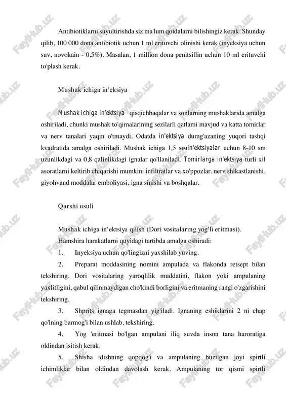 ichiga in'ektsiya qilish bilan bemor yotadi. qovoqka aok qilayotganda, shprits o'ng qo'l bilan ushlanadi, shunda ikkinchi barmoq piston tayog'ini, iv barmoq ignani ushlab turadi, qolganlari silindrni ushlab turadi. 10. in'ektsiya dumg'azaning yuqori tashqi kvadratida 7-8 sm chuqurlikda teri va igna qisqichbaqasi orasida kamida 1 sm qoldiriladi (1-rasm).). pistonni o'zlariga tortib, ular igna qon tomiriga kirmasligiga ishonch hosil qilishadi, shundan so'ng dori moddasini shpritsdan pista bilan almashtiradilar. ignani mushak dan tezda chiqarib tashlang va inyeksiya joyini paxta va spirtli ichimliklarga bosing. songa mushak ichiga in'ektsiya qilingan taqdirda, ukol periosteumga zarar etkazmaslik uchun burchak ostida qalam kabi saqlanadi. guruch. mushak ichiga in'ektsiya qilish subkutan in'ektsiyalar subkutan in'ektsiyalar odatda teri osti to'qimasida tezda so'riladi va unga zararli ta'sir ko'rsatmaydigan dori eritmalari bilan aok qilinadi. teri ostiga kichik miqdordan 2 litrgacha suyuqlik kiritilishi mumkin. yuqori qo'lning tashqi yuzasida, subkapular bo'shliqda, sonning anterotashqi yuzasida teri osti in'ektsiyalarini amalga oshirish yaxshidir. nervlar va periost. og'ir intoksikatsiya …