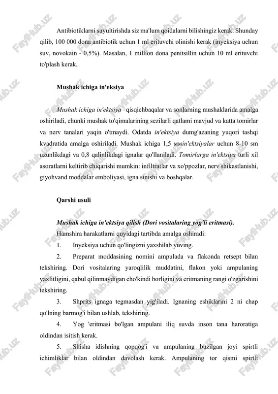 ichiga in'ektsiya qilish bilan bemor yotadi. qovoqka aok qilayotganda, shprits o'ng qo'l bilan ushlanadi, shunda ikkinchi barmoq piston tayog'ini, iv barmoq ignani ushlab turadi, qolganlari silindrni ushlab turadi. 10. in'ektsiya dumg'azaning yuqori tashqi kvadratida 7-8 sm chuqurlikda teri va igna qisqichbaqasi orasida kamida 1 sm qoldiriladi (1-rasm).). pistonni o'zlariga tortib, ular igna qon tomiriga kirmasligiga ishonch hosil qilishadi, shundan so'ng dori moddasini shpritsdan pista bilan almashtiradilar. ignani mushak dan tezda chiqarib tashlang va inyeksiya joyini paxta va spirtli ichimliklarga bosing. songa mushak ichiga in'ektsiya qilingan taqdirda, ukol periosteumga zarar etkazmaslik uchun burchak ostida qalam kabi saqlanadi. guruch. mushak ichiga in'ektsiya qilish subkutan in'ektsiyalar subkutan in'ektsiyalar odatda teri osti to'qimasida tezda so'riladi va unga zararli ta'sir ko'rsatmaydigan dori eritmalari bilan aok qilinadi. teri ostiga kichik miqdordan 2 litrgacha suyuqlik kiritilishi mumkin. yuqori qo'lning tashqi yuzasida, subkapular bo'shliqda, sonning anterotashqi yuzasida teri osti in'ektsiyalarini amalga oshirish yaxshidir. nervlar va periost. og'ir intoksikatsiya …