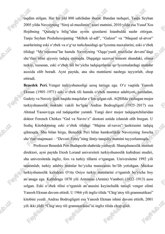 benedek peri budapesht shahrida yashaydi. sharqshunoslik instituti direktori, ayni paytda etosh lorand universiteti turkiyshunoslik kafedrasi mudiri, shu universitetda ingliz, fors va turkiy tillarni oʻrgangan. universitetni 1992 yili tamomlab, turkiy adabiy matnlar boʻyicha mutaxassis boʻlib yetishgan. mazkur turkiyshunoslik kafedrasi oʻrta osiyo turkiy matnlarini oʻrganish boʻyicha boy anʼanaga ega. kafedraga 1870 yili arminius (armin) vamberi (1832–1913) asos solgan. eski oʻzbek tilini oʻrganish anʼanasini keyinchalik taniqli venger olimi yanosh ekman davom ettirdi. u 1966 yili ingliz tilida “chigʻatoy tili grammatikasi” kitobini yozdi. andras bodrogligeti esa yanosh ekman ishini davom ettirib, 2001 yili ikki jildli “chigʻatoy tili grammatikasi”ni ingliz tilida chop qildi. venger turkiyshunosligi maktabiga mansub benedek peri talabalik davridan boshlab oʻzbek adabiyotini oʻrganishga qiziqqan. shayboniy, sakkokiy, turdi, uvaysiy, izzat sulton, uygʻun, zulfiya, nazir safarov, said ahmad kabi adabiyotimiz namoyandalari ijodi boʻyicha tadqiqotlar olib borgan. olim ilmiy qiziqishlarining katta qismini oʻzbek mumtoz adabiyoti masalasiga oid izlanishlar egallaydi. u ushbu yoʻnalishda ishlab, bir qancha vaqt …
