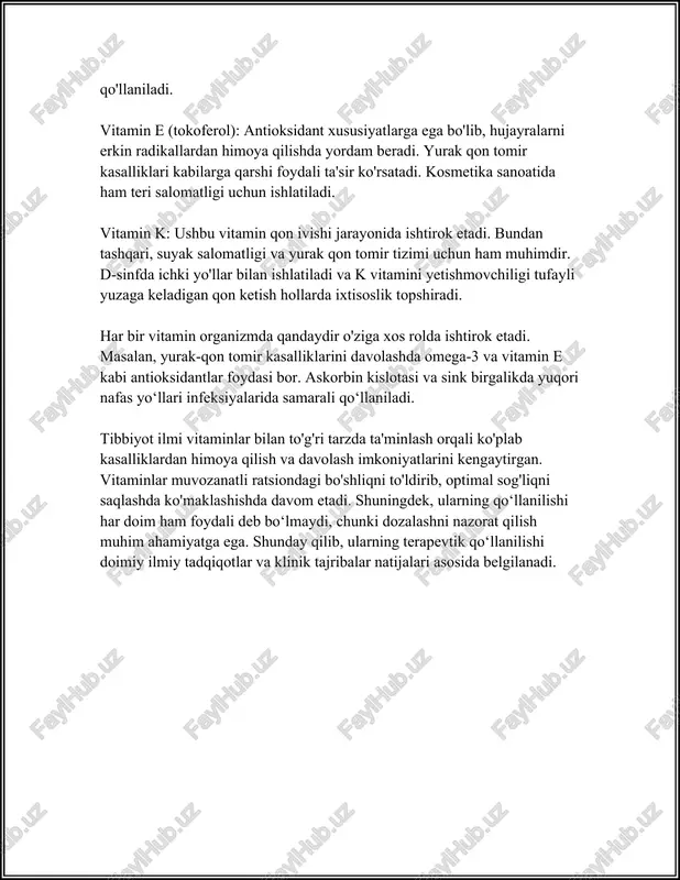 lan bog‘liq har qanday muammo yoki teri shikastlanishida, shifokor maslahati bilan a vitamini yetarli miqdorda iste'mol qilinishini ta’minlash zarur. vitamin yetishmovchiligining oldini olish va sog‘lom ko‘rish hamda teri holatini saqlab qolish uchun bu muhim omil hisoblanadi. 3. d vitamini: raxit, osteoporoz va metabolik suyak kasalliklarini davolash d vitamini: raxit, osteoporoz va metabolik suyak kasalliklarini davolash d vitamini inson organizmi uchun muhim bo'lgan vitaminlardan biridir va u asosan quyosh nurlari yordamida terida sintezlanadi. d vitamini kaltsiyning ichaklarda so‘rilishini yaxshilaydi, suyaklar va tishlarning mustahkamligini ta’minlaydi, shuningdek, raxit, osteoporoz va boshqa metabolik suyak kasalliklarini davolash va oldini olishda muhim rol o‘ynaydi. raxit kasalligi asosan bolalarda uchraydi va uning asosiy sababi d vitaminining yetishmasligidir. d vitaminining yetishmasligi natijasida bolalarda suyaklar yumshaydi va deformatsiyalanadi. raxitning belgilari qatoriga suyaklarning yumshashi, oyoq va qo‘llarning xunukligi, bosh suyaklarining sekin o‘sishi kiradi. raxit kasalligini davolashda d vitamini qo‘llanishi muhim ahamiyatga ega. d vitamini qo‘llanganidagi davolash kurslari suyaklar mustahkamligini tiklashga, …