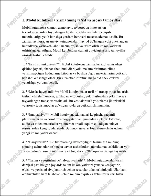on kitoblar, audiokitoblar va maqolalarni o'qish imkoniyatiga ega bo'ladilar. statistik ma'lumotlarga ko'ra, 2022 yilda o'zbekistonda mobil ilovalar orqali kitob o'qiydiganlarning soni 15-20 foizga oshganligi qayd etilgan. 4. **onlayn xizmatlar**: onlayn kutubxona xizmatlari to'g'ridan-to'g'ri internetga ulangan qurilmalar orqali kitoblarni o'qish, yuklab olish va eshitish imkoniyatini taqdim etadi. bunday xizmatlarning asosiy afzalligi ularning hamma uchun ochiqligi va keng tanlovi bilan bog'liqdir. "ziyonet" kabi platformalar hamda "kutubxona.uz"dagi xizmatlar aholiga lazgi talabdagi kitoblarni onlayn formatda taqdim etishda davom etmoqda. statistik ma'lumotlarga ko'ra, 2023 yilda o'zbekistonda onlayn kutubxona platformalari foydalanuvchilarning kundalik soni 30 ming atrofida bo'lishi mumkin, va bu raqam yildan-yilga o'sishda davom etmoqda. mazkur kutubxona turlari kitob o'qish faoliyatini nafaqat rivojlantirishga, balki jamiyat orasidagi bilim almashinuvi jarayonini ham tezlashtirishga katta hissa qo'shadi. hozirgi kunda o'zbekiston bo'ylab aholi bu xizmatlardan faol foydalanayotganini ko'rish mumkin, bu esa axborot kirib kelishi va tarqalishining yanada ommalashib borayotganidan darak beradi. 3. raqamli mobil kutubxonalar va elektron resurslar raqamli mobil …