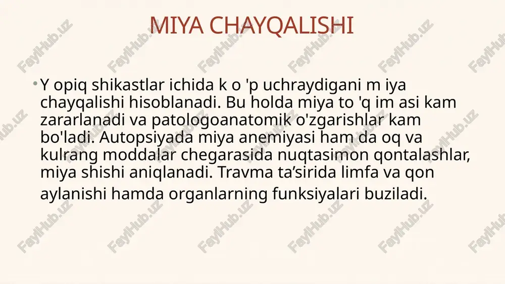hlig‘idan havo tortib olinadi. plevra punksiyasi usuli: 0,5 foiz novokain bilan m ahalliy anesteziya qilinib pastki qovurg‘ani yuqori chetidan troakar bilan torakotsentez qilinadi. u ning skeleti olinib u orqali naycha yuborish mumkin. punksiya davolash usuli klapanli pnevmotoraksda ham qoilaniladi. agar punksiya yaxshi klinik natija bermasa, plevra b o ‘shlig‘i drenaj qilinadi. byulau drenaaji 23 gemotoraks o'pka to'qimasi jarohatlanganda, qovurg'alararo arteriya shikastlanganda, ichkariga qon ketib plevra bo'shlig'iga qon to'planib qolishi gem otoraks deb ataladi. u ochiq va yopiq shikastlarda ham vujudga kelishi mumkin (uning mahalliy va umumiy belgilari qon ketish bobida batafsil yoritilgan). 24 gemotoraks davolash. plevra bo'shlig'idagi qon tez olib tashlanishi (punksiya yoki drenaj qo'yib ) zarur, aks holda yig'ilgan qon vaqt o'tishi bilan ivishi va infeksiya tushib, yiringli jarayon-piogemotoraksga olib kelishi mumkin. agar bir kunga qo'yilgan drenajdan 1 litr qon ketsa, bu qon ketish belgisi hisoblanadi, unda bemor zudlik bilan torakotomiya qilinishi zarur. 25 korin bushligi a'zolarining yopik shikastlari …