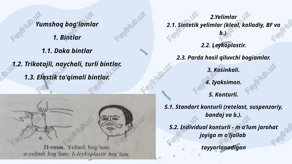 dalar - osh tuzining to'yintirilgan eritmasi, sovuq suv, suyuq ustachilik yelimi, kraxmal kleysteri, jelatinlar tashkil etadi. gips bogʻlamlarning quyidagi turlari mavjud 1. sirkulyar (yopiq) gips bog ‘lami. undan qo'l-oyoq va tanani, suyaklar singanda immobilizatsiya qilishda ishlatiladi. 2. tutor (gilza) gips bog'lami m a’lum bir bo'g'imga yoki ajratilgan oyoq segm entiga osoyishtalik berish uchun singan-chiqqanda, shikastlanganda yiringli jarayonlarda qo'yiladi. u olinuvchi yoki olinmaydigan bo'lishi mumkin (olinuvchi tutor qaychi bilai kesib olinib, uni qayta qo'yish mumkin). 3. longeta gips bog'lami qo'l yoki oyoqqa qo'yilib, u orqaga, oldinga - kaftga qo'yiladi, «u» (p) ko'rinishida bo'lishi mumkin (81-rasm). 4. longetali-sirkulyar bog'lam. u longeta bog'lami bo'lib, qo'shimcha sirkulyar bog'lam bilan qotirilishi mumkin (82-rasm). 5. darchali yoki ko'priksimon bog'lamlar. qo'l-oyoqdagi jarohatlar immobilizatsiya qilingandan so'ng maxsus darcha orqali kuzatish va davolash, flksatsiya mustahkam bo'lishi uchun maxsus moslama ishlatiladi (83-rasm). 6. sharnirli gips bog'lami bo'g'im harakati uchun ishlatiladi (84,85- rasmlar). 7. gips korsetlari oyoqlar va bog'lam-karavotlar ortopedik va …