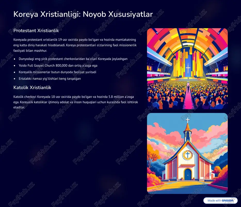 shkilotlar zamonaviy texnologiyalardan foydalanib, mobil ilovalar orqali diniy xizmatlar taklif etmoqda. bu ilovalar namaz vaqtlari, diniy matnlar va onlayn jamoat xizmatlarini o'z ichiga oladi. onlayn diniy xizmatlar covid-19 pandemiyasi davrida boshlangan onlayn diniy xizmatlar hozir ham davom etmoqda. koreya cherkovlari va ma'badlari youtube va boshqa platformalar orqali jonli efirlar o'tkazadi. virtual haqiqat tajribasi ba'zi koreya ma'badlari virtual haqiqat texnologiyasidan foydalanib, masofaviy ziyoratchilar uchun immersiv diniy tajriba yaratmoqda. bu ayniqsa chet elda yashovchi koreyaliklar uchun muhim. zamonaviy texnologiyalar koreya diniy hayotini tubdan o'zgartirmoqda. diniy tashkilotlar an'anaviy amaliyotlarni raqamli vositalar bilan boyitib, yangi avlod e'tiboslarining diniy ehtiyojlarini qondirish uchun innovatsion yondashuvlar qo'llayapti. https://gamma.app/?utm_source=made-with-gamma kelajak istiqbollari: koreya dinining rivojlanishi yoshlar orasida o'sish diniy tashkilotlar yoshlar bilan ishlash dasturlarini kengaytirib, zamonaviy yondashuvlar orqali diniy ta'limni rivojlantirmoqda. k-pop va hallyu madaniyati ham diniy xabarlarni yetkazishda qo'llanilmoqda. xalqaro kengayish koreya diniy harakatlari, ayniqsa xristian cherkovlari, butun dunyoga tarqalmoqda. koreyalik missionerlar va diniy yetakchilar global diniy landshaftda …