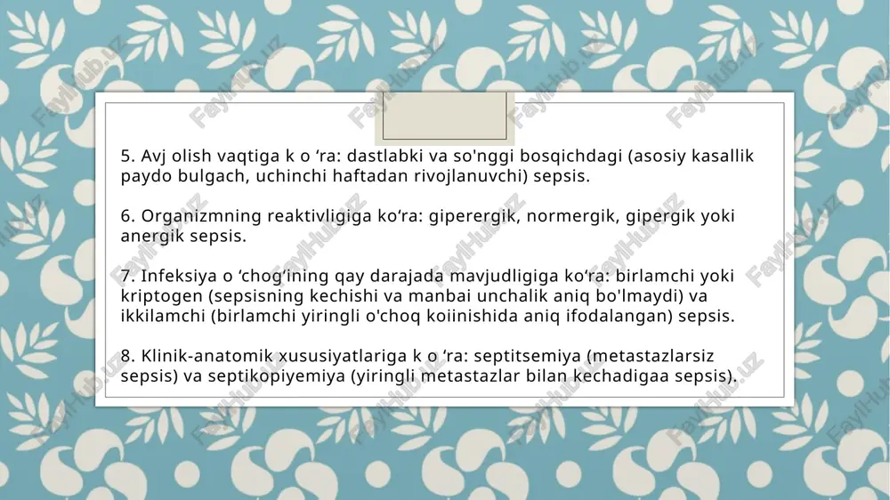 miozit. bosh miya asosining sinishi, isteriya kabilardan farqlash lozim. davolash: kompleks davolash usuli quyidagi maqsadni o‘z ichiga oladi: 1. qoqshol foksini miqdorini kamaytirish va uni neytrallash. 2. tonik va klonik tirishishlarni kamaytirish, ularni yo'qotish. 3. bemorning umumiy ahvolini, yurak o'pka faoliyatini yaxshilash. 4. ikkilamchi asoratlar (zotiljam, sepsis va b.)ning oldini olish bemor qorong'ilashtirilgan, shovqindan uzoq xonaga yotqiziladi, zond bilan ovqatlantiriladi, ho'qna qilinadi, qovug'ini kateterizatsiya qilish rezina naylar bilan amalga oshiriladi. e’tiboringiz uchun rahmat! image2.jpeg image3.jpeg image4.png image5.png image6.jpeg image7.jpeg image8.jpeg image9.jpeg image10.jpeg image11.jpeg image12.jpeg cmadua 0 cmadua 1 cmadua 2 cmadua 3 cmadua 4 cmadua 5 vuvvu? koka he mobpexaeha —_nokpachehne 08a ocrut tlokanbhan ranrpeha —pacnpocrpavehhan rahrpeha sintomas, presentaci6n clinica medicina encapsulada /docprops/thumbnail.jpeg lo umumiy xirurgik infeksiyalar