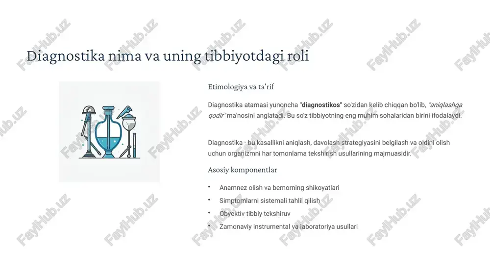 iklar erta aniqlash kasalliklarni simptomlar paydo bo'lishidan oldin aniqlash va davolash samaradorligini sezilarli oshirish shaxsiylashtirilgan yondashuv har bir bemor uchun individual diagnostika va davolash rejasini tuzish imkoniyati aniq diagnostika xato tashxis ehtimolini minimallashtirishva to'g'ri davolash usulini tanlash kelajak istiqbollari telemeditsina rivojlanishi - masofaviy konsultatsiya va diagnostika kvant diagnostika - yanada aniq va tez usullar nanotibbiyot - hujayra darajasida diagnostika genomik diagnostika - genetik kasalliklarni erta aniqlash 12 xulosa: innovatsion diagnostika – tibbiyotda yangi davr an'anaviy usullar tajribali shifokorning ko'nikmalari va klassik diagnostika usullari asosi bo'lib qoladi sun'iy intellekt ai algoritmlari diagnostika aniqligini oshiradi va shifokor qarorlarini qo'llab-quvvatlaydi yangi texnologiyalar ilg'or uskunalar va metodlar diagnostika sifatini yangi darajaga olib chiqadi bemor g'amxo'rligi tez, aniq va qulay tibbiy xizmat bemorlar uchun eng yaxshi natija yaratadi tibbiyotda diagnostika sohasi tez sur'atlar bilan rivojlanmoqda. an'anaviy va zamonaviy usullarning uyg'unligi, sun'iy intellekt va yangi texnologiyalar yordamida biz bemorlar uchun sifatli, tez va aniq diagnostika xizmatlarini …