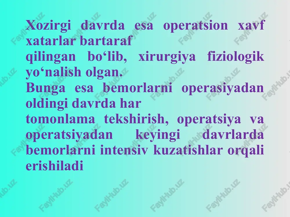 adi: 1. erta fazasi – operatsiyadan keyingi birinchi 3-5 sutkani o‘z ichiga oladi. 2. kechki fazasi – operatsiyadan keyingi 2-3 haftani o‘z ichiga oladi. 3. olis fazasi – bemorlar ish qobiliyatini tiklangunicha bo‘lgan davrni o‘z ichiga oladi operasiyadan keyingi davrda peritoneal dializ o‘tkazish 31 drenirovanie bryushnoy polosti po metodu kliniki. drenirovanie bryushnoy polosti po metodu kliniki klinika usulida qorin bo‘shligʻini drenajlash drainge abdominal cavity on method of the clinic 32 operatsiya bemorlar uchun – ham fizik, ham asabiy shikast xisoblanadi. operatsiya-dan keyingi davrda sog‘lom organizmda kuzatilmaydigan regenerativ va reparativ jarayonlar sodir bo‘ladi operatsiyadan keyingi davrning kechishi: 1) sillik yoki normal bo‘lishi va 2) asoratlangan bo‘lishi mumkin. birinchi holatda organizmning biroz ifodalangan reaksiyasi, ikkinchi xolatda esa – operatsion shikastga organizmning keskin ifodalangan (giperergik) xolati kuzatiladi va u organizmda keskin funktsional o‘zgarishlarga, buning oqibatida esa asoratlarga sabab bo‘lishi mumkin image1.jpeg image2.jpeg image3.png image4.png image5.png image6.png