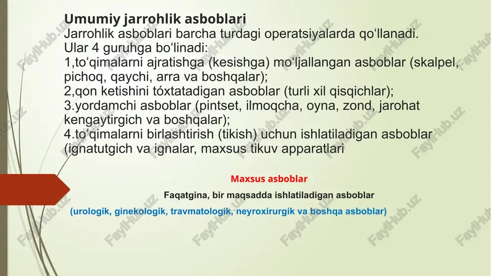 ilan tekshiruvdan o‘tkaziladi, mayda (kichik) asboblarni tekshirishda esa lupadan foydalaniladi. asboblar dezinfeksiya, sterillashdan oldingi tozalash va sterillashdan iborat ishlov berishlarga barqaror bo‘lishi kerak. asboblarning davriy sinovlari standartning barcha talablariga muvofiqligini aniqlash vaqti-vaqti bilan amalga oshirib turiladi. ishonchlilik bo‘yicha sinovlar har 3 yilda bir marta o‘tkaziladi. tibbiyot asboblari zaruratga binoan aniq rusumga ega bo‘lishi lozim: 1-asbob raqami yoki belgisi, 2-uni ishlab chiqargan korxonaning tovar belgisi, 3-ishlab chiqarilgan yili (so‘nggi 2 raqam) , 4- rusum asbobning ishchi bo‘lmagan qismiga qo‘yiladi. asboblarni konservatsiya qilish gost 9014-78 talablariga muvofiq amalga oshiriladi. asboblar yog‘och qutilarga, o‘ramlarga, probirkalarga va qadoqlarning boshqa turlariga joylashtiriladi. kesuvchi asboblar asboblarning bu guruhiga yumshoq, yarim yumshoq va qalin to‘qimalarni ajratishda qo‘llaniladigan asboblar kiradi. qurilmasiga muvofiq ular 5 guruhga bo‘linadi: pichoqlar va skalpellar, qaychilar, tibbiy arralar, iskanalar, suyak qisqichlari. barcha kesuvchi asboblarga quyidagi talablar qo‘yiladi: o‘tkirlik, mexanik va kimyoviy chidamlilik, oddiy geometrik shakl. asboblarning o‘tkirligi juda kam kuch va vaqt sarflash imkonini …