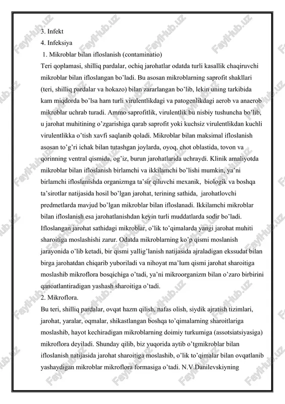 ik chaqirsa (monoinfection), turli mikroblar ishtiroki bilan infeksiya chaqirsa unda (polyinfectio) deb yuritiladi. bir turdagi infeksiya ko’pincha yopiq o’choqlarda, ochiq, granulyatsiyalanuvchi jarohatlarda esa bir necha turdagi mikroblar assotsiatsiyasi bilan chaqiriladi. bir necha tur assosiyatsiyasi bilan patologik jarayonlarni bosqichma-bosqich zararlanishi ikklamchi (sekundar) infeksiya, birlamchi mikroblar bilan yana zararlanishi qayta zararlanish deyiladi. infeksion jarayolarni kechishiga zamonaviy ifoda beradigan bo’lsak, mikrob faktorlarini rivojlanish bosqich qonuniyalari quyidagicha bo’lishi maqsadga muvofiq. 1. mikroblar bilan ifloslanish 2. mikroflora 3. infekt 4. infeksiya 1. mikroblar bilan ifloslanish (contaminatio) teri qoplamasi, shilliq pardalar, ochiq jarohatlar odatda turli kasallik chaqiruvchi mikroblar bilan ifloslangan bo’ladi. bu asosan mikroblarning saprofit shakllari (teri, shilliq pardalar va hokazo) bilan zararlangan bo’lib, lekin uning tarkibida kam miqdorda bo’lsa ham turli virulentlikdagi va patogenlikdagi aerob va anaerob mikroblar uchrab turadi. ammo saprofitlik, virulentlik bu nisbiy tushuncha bo’lib, u jarohat muhitining o’zgarishiga qarab saprofit yoki kuchsiz virulentlikdan kuchli virulentlikka o’tish xavfi saqlanib qoladi. mikroblar bilan maksimal …