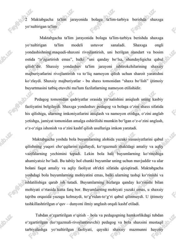 rlari va texnologiyalarini tatbiq etish, bolalarni har tomonlama intellektual, axloqiy, estetik va jismoniy rivojlantirish uchun shart-sharoitlar yaratish tubdan isloh qilishga yo'naltirilgan qarordir. bu qaror natijasi maktabgacha ta'lim sohasida keskin o`zgarishlar,qayta ta`mirlash ishlari, moddiy-texnika bazasini mustahkamlash, maktabgacha ta’lim muassasalari tarmog‘ini kengaytirish, malakali pedagog kadrlar bilan ta’minlash, bolalarni maktab ta’limiga tayyorlash darajasini tubdan yaxshilash, ta’lim-tarbiya jarayoniga zamonaviy ta’lim dasturlari va texnologiyalarini tatbiq etish, bolalarni har tomonlama intellektual, axloqiy, estetik va jismoniy rivojlantirish uchun shart-sharoitlar yaratish ishlari olib borilmoqda. maktabgacha ta'lim sohasiga bo`lgan e`tabor xamma qatori meni ham hayotimga ham o`z ta`sirini ko`rsatib,oliy ma`lumotli mutahasis bo`lish arafasida o'zbekiston respublikasining 2019 yil 16 dekabrdagi “maktabgacha ta'lim va tarbiya to'g'risida”gi o'rq-595-son qonuni, o'zbekiston respublikasi prezidentining 2019 yil 8 maydagi pq-4312-son qarori asosidagi o'zbekiston respublikasi maktabgacha ta'lim tizimini 2030 yilgacha rivojlantirish konsepsiyasi, o'zbekiston respublikasi prezidentining 2017 yil 9 sentyabrdagi “maktabgacha ta'lim tizimini tubdan takomillashtirish chora-tadbirlari to'g'risida”gi pq-3261-son qarori, o'zbekiston respublikasi prezidentining 2021 yil 10 iyundagi “qamrov …